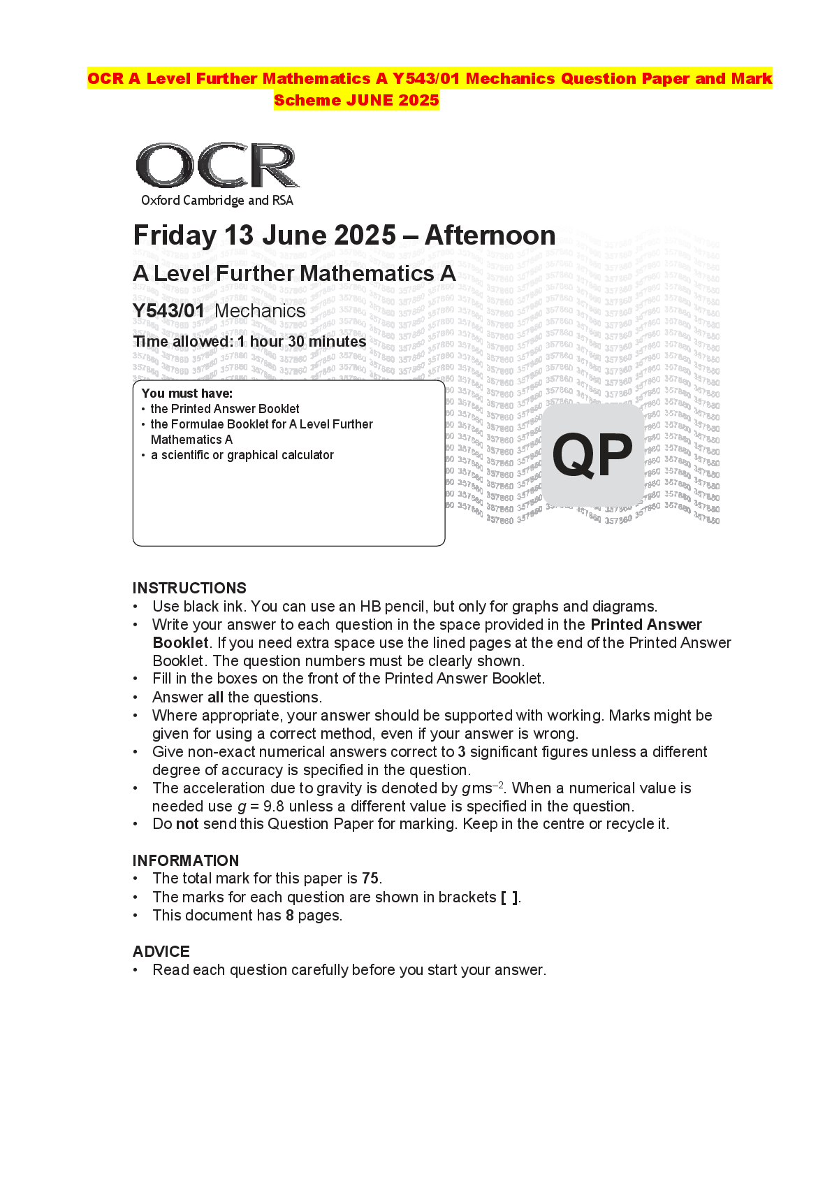 Recommended document preview for OCR A Level Further Mathematics A Y543/01 Mechanics Question Paper and Mark Scheme JUNE 2025