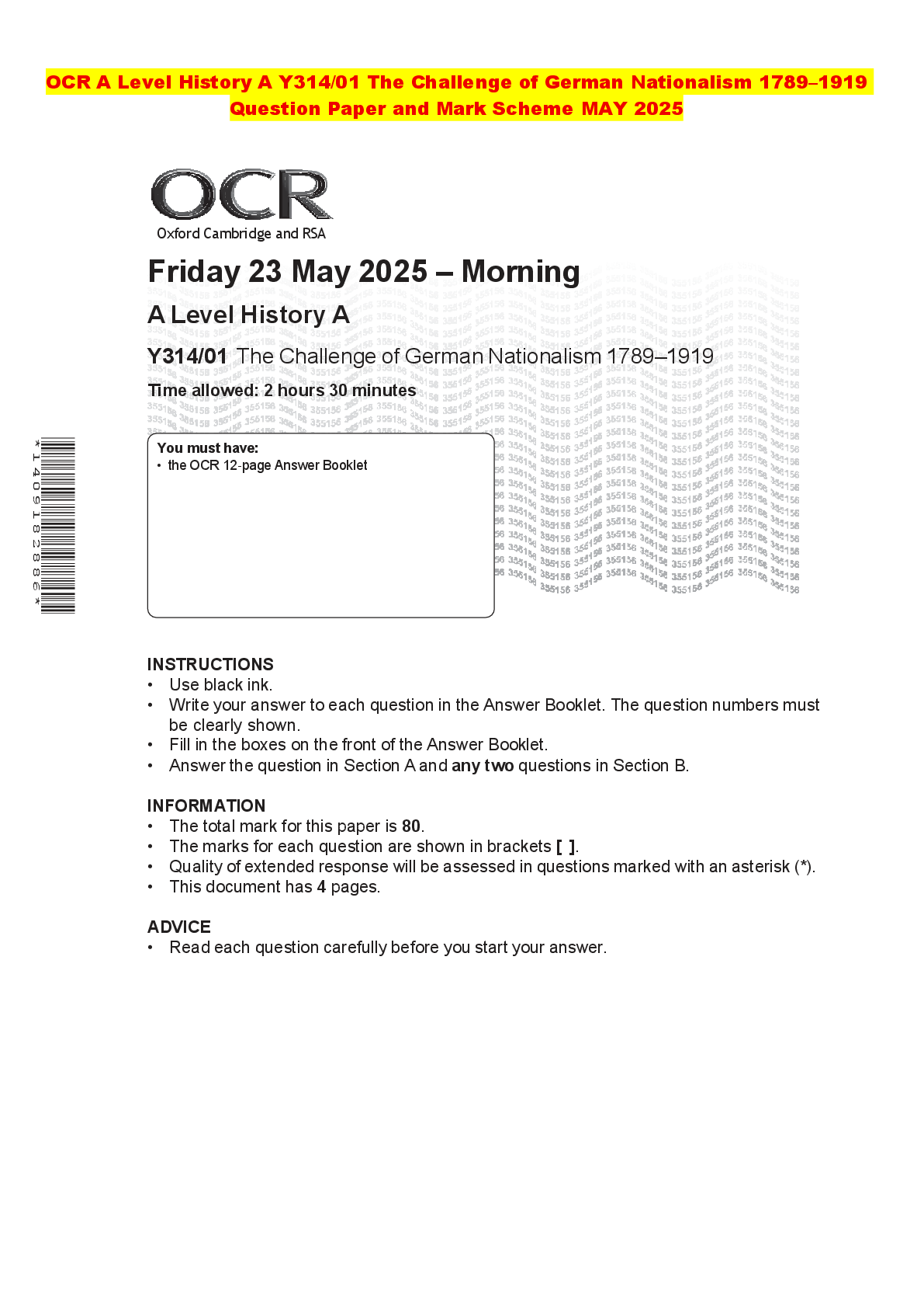 Recommended document preview for OCR A Level History A Y314/01 The Challenge of German Nationalism 1789–1919 Question Paper and Mark Scheme MAY 2025
