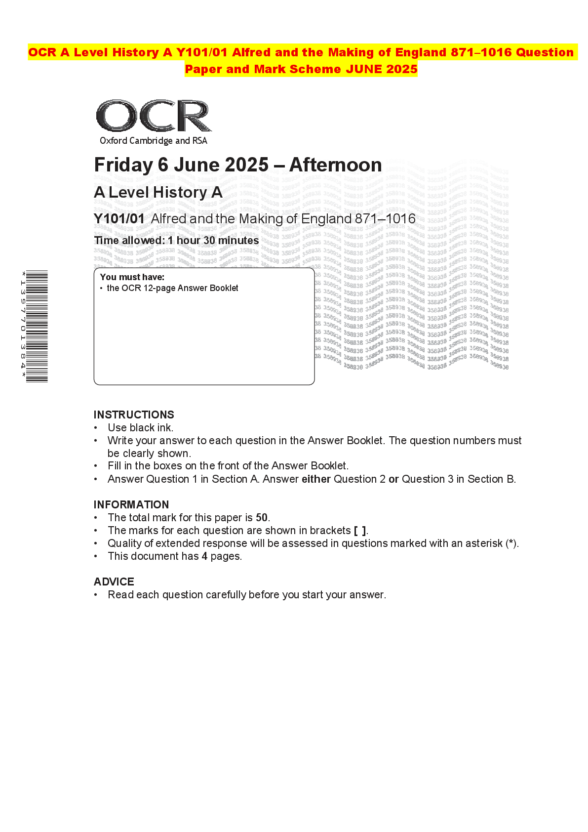Recommended document preview for OCR A Level History A Y101/01 Alfred and the Making of England 871–1016 Question Paper and Mark Scheme JUNE 2025