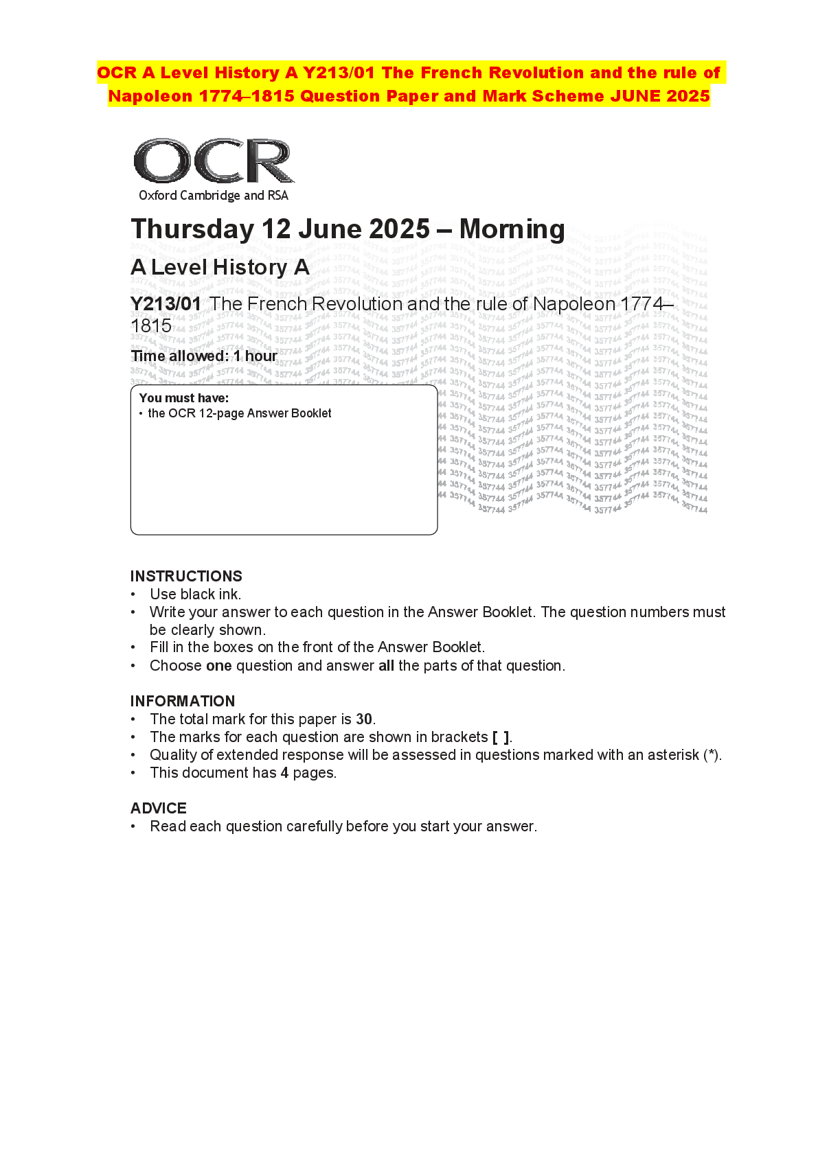 Recommended document preview for OCR A Level History A Y213/01 The French Revolution and the rule of Napoleon 1774–1815 Question Paper and Mark Scheme JUNE 2025