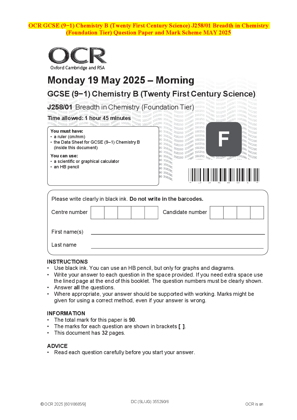 Recommended document preview for OCR GCSE (9−1) Chemistry B (Twenty First Century Science) J258/01 Breadth in Chemistry (Foundation Tier) Question Paper and Mark Scheme MAY 2025