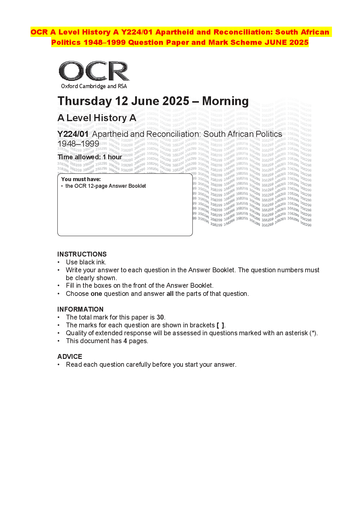 Recommended document preview for OCR A Level History A Y224/01 Apartheid and Reconciliation: South African Politics 1948–1999 Question Paper and Mark Scheme JUNE 2025