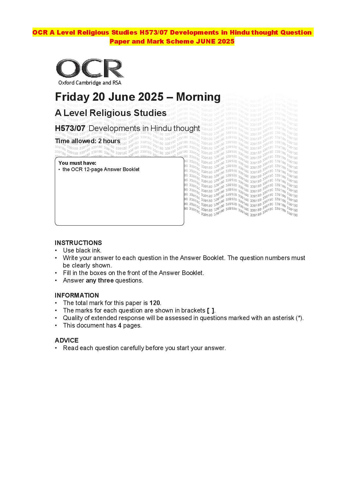 Recommended document preview for OCR A Level Religious Studies H573/07 Developments in Hindu thought Question Paper and Mark Scheme JUNE 2025