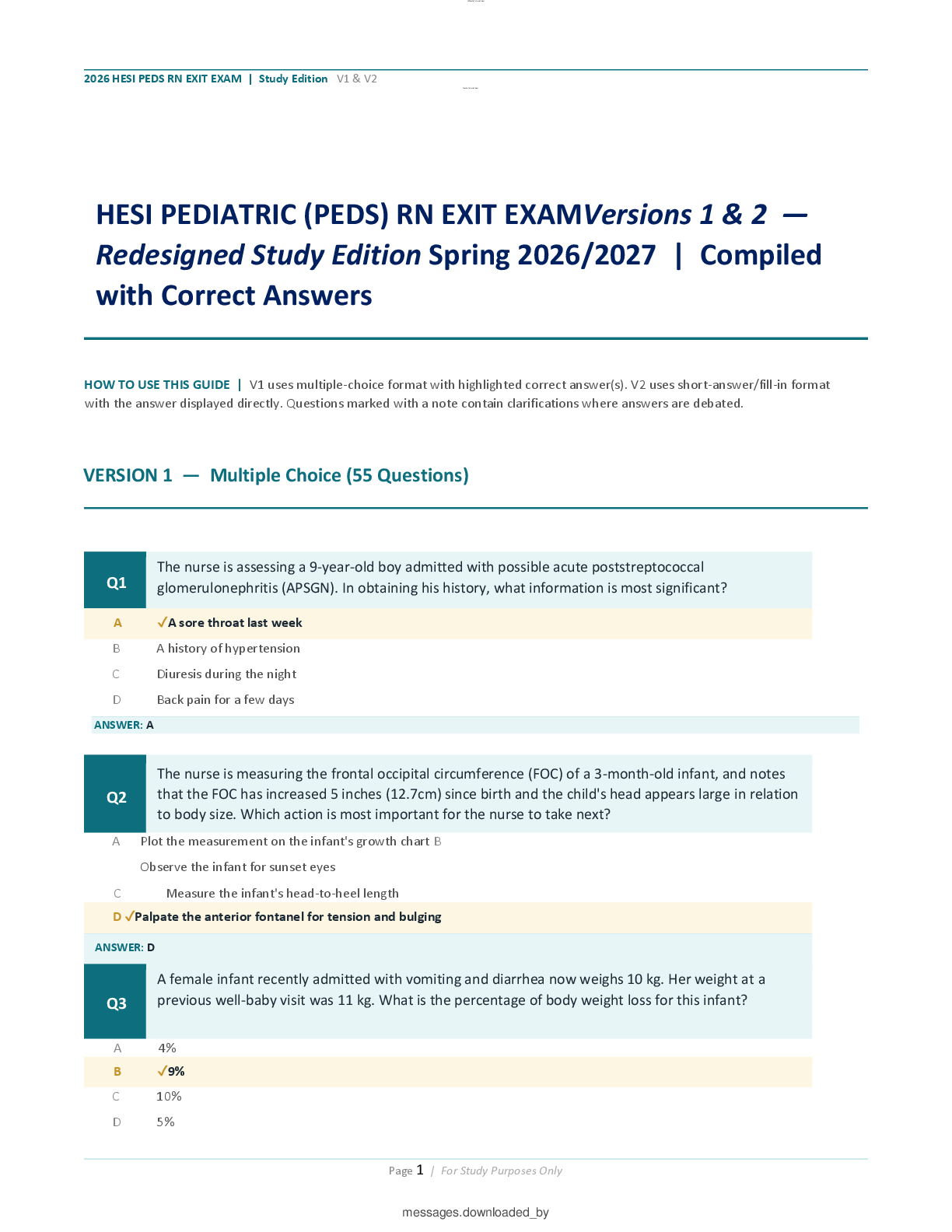 Recommended document preview for HESI PEDIATRIC (PEDS) RN EXIT EXAMVersions 1 & 2  —  Redesigned Study Edition Spring 2026/2027  |  Compiled with Correct Answers