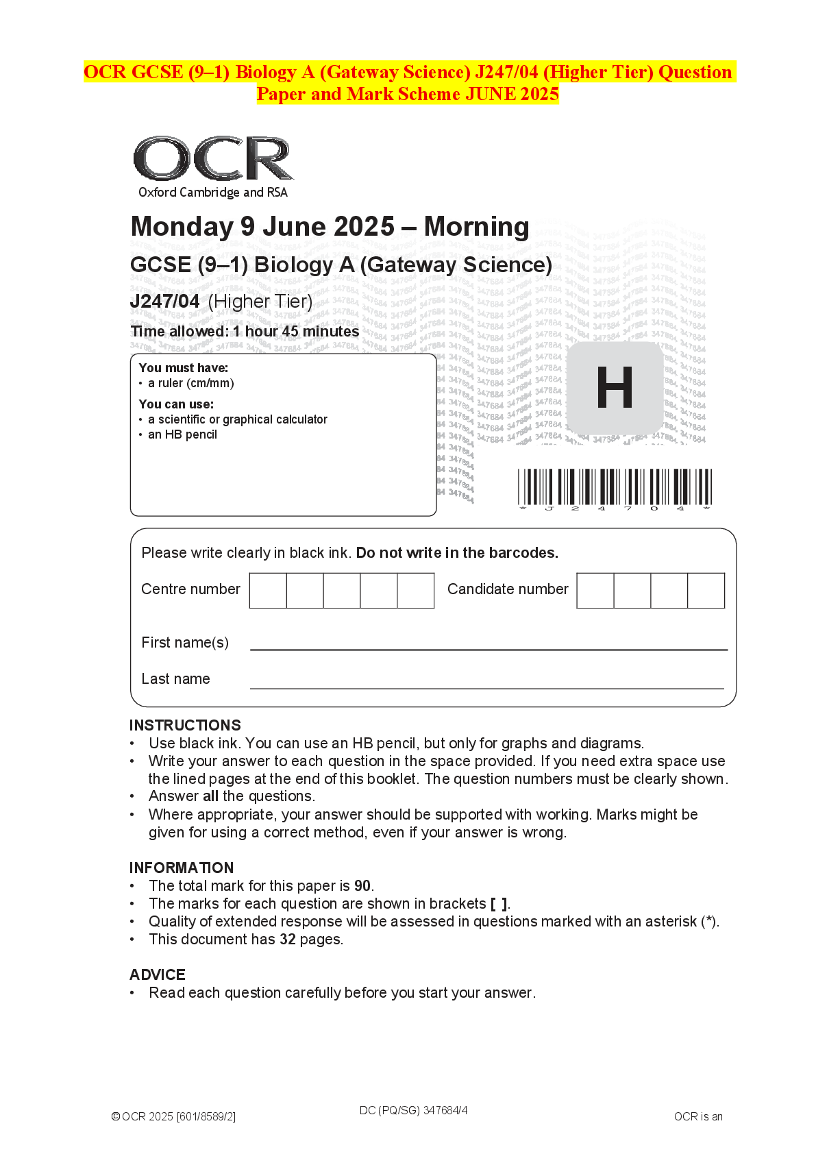 Recommended document preview for OCR GCSE (9–1) Biology A (Gateway Science) J247/04 (Higher Tier) Question Paper and Mark Scheme JUNE 2025