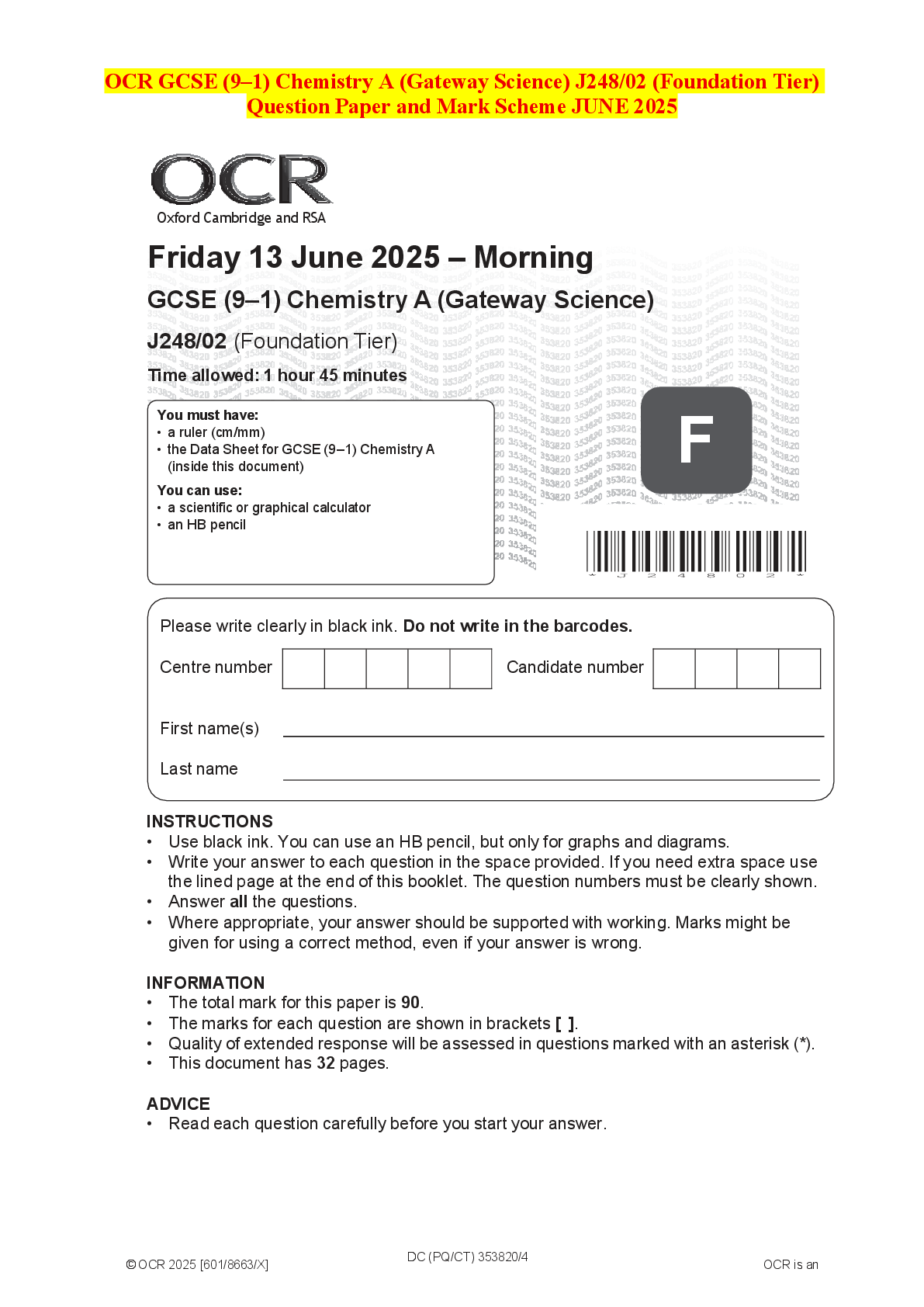Recommended document preview for OCR GCSE (9–1) Chemistry A (Gateway Science) J248/02 (Foundation Tier) Question Paper and Mark Scheme JUNE 2025
