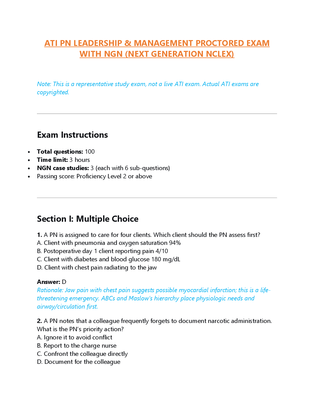 Recommended document preview for ATI PN LEADERSHIP & MANAGEMENT PROCTORED EXAM  WITH NGN (NEXT GENERATION NCLEX)