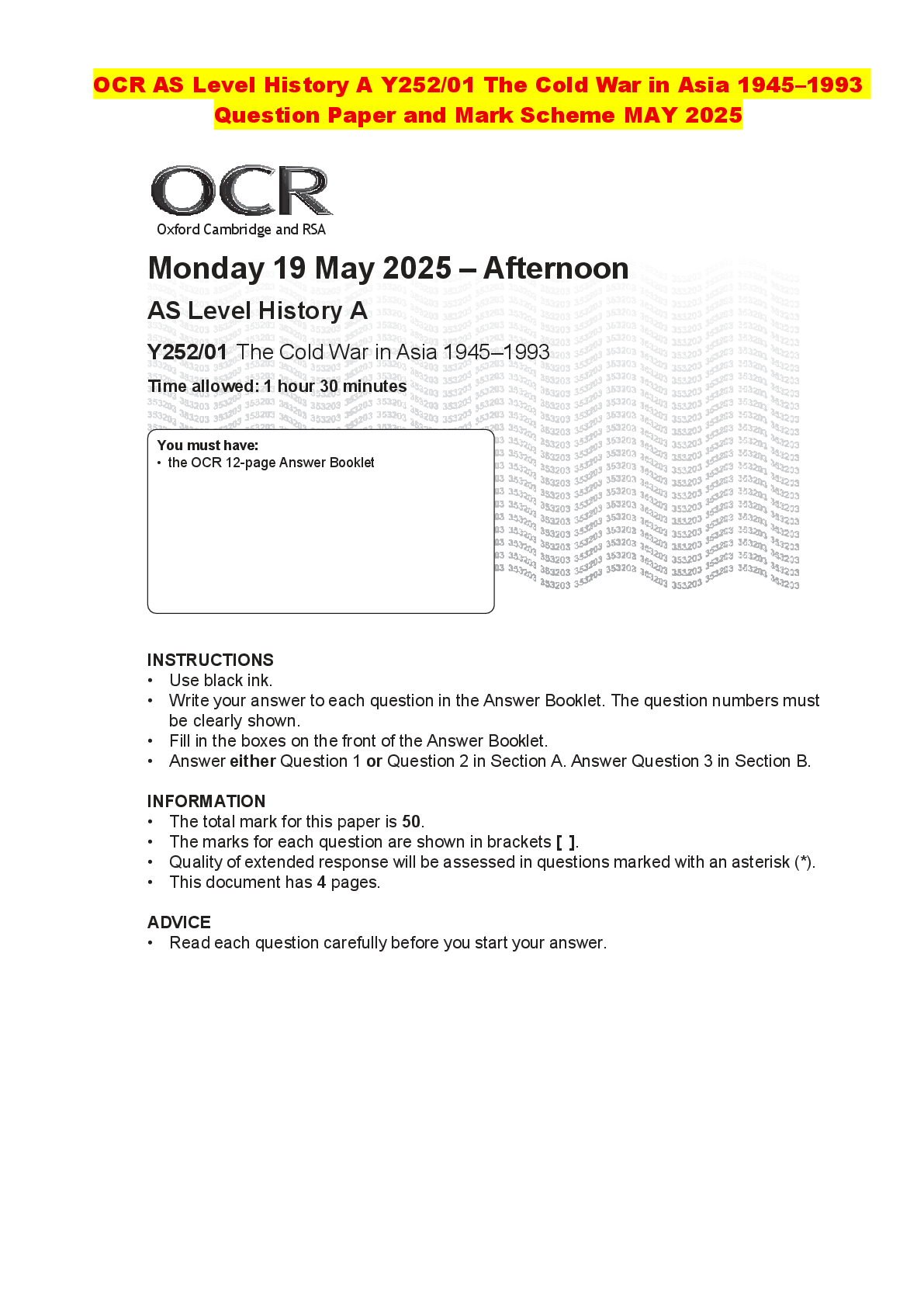 Recommended document preview for OCR AS Level History A Y252/01 The Cold War in Asia 1945–1993 Question Paper and Mark Scheme MAY 2025