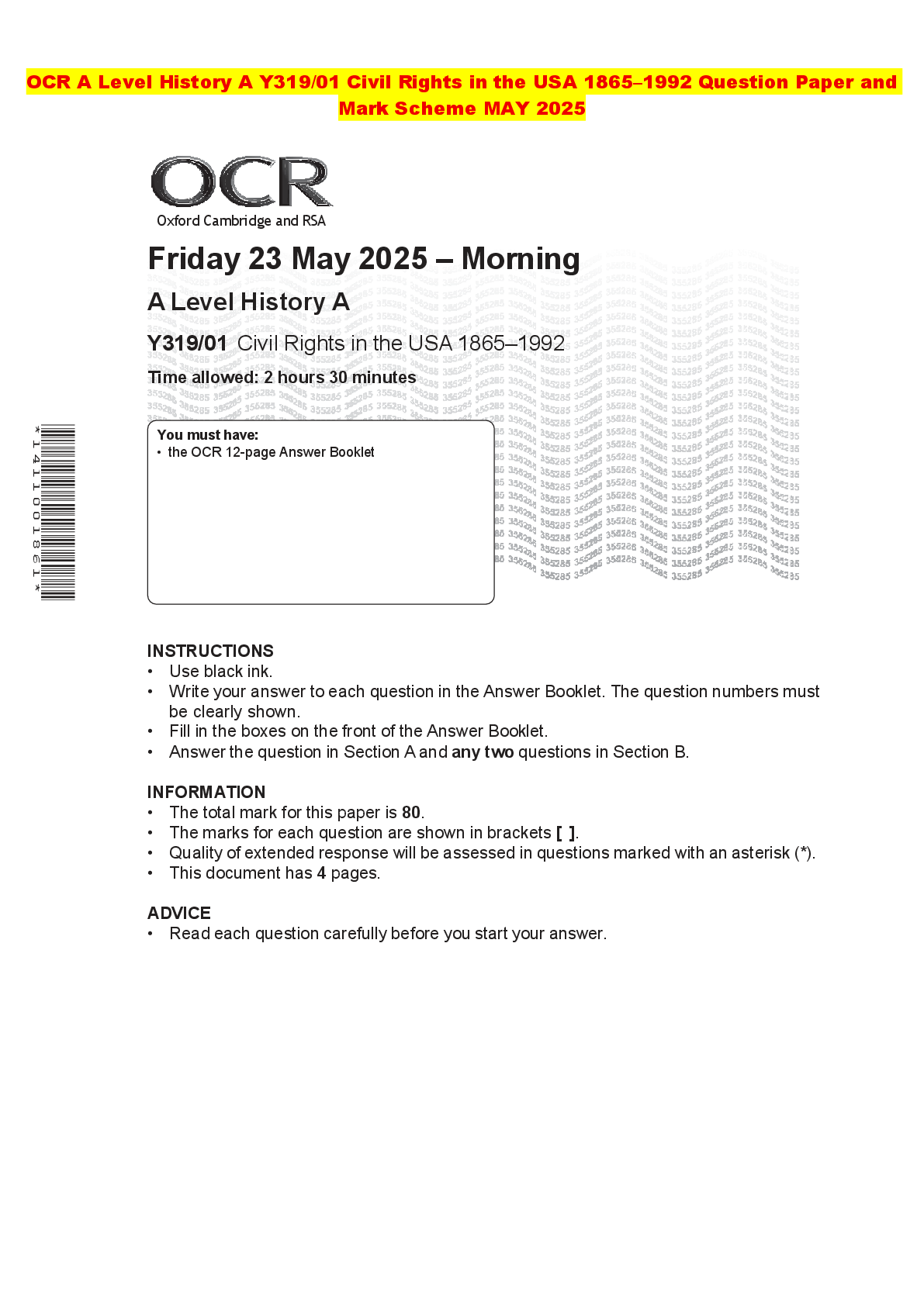 Recommended document preview for OCR A Level History A Y319/01 Civil Rights in the USA 1865–1992 Question Paper and Mark Scheme MAY 2025