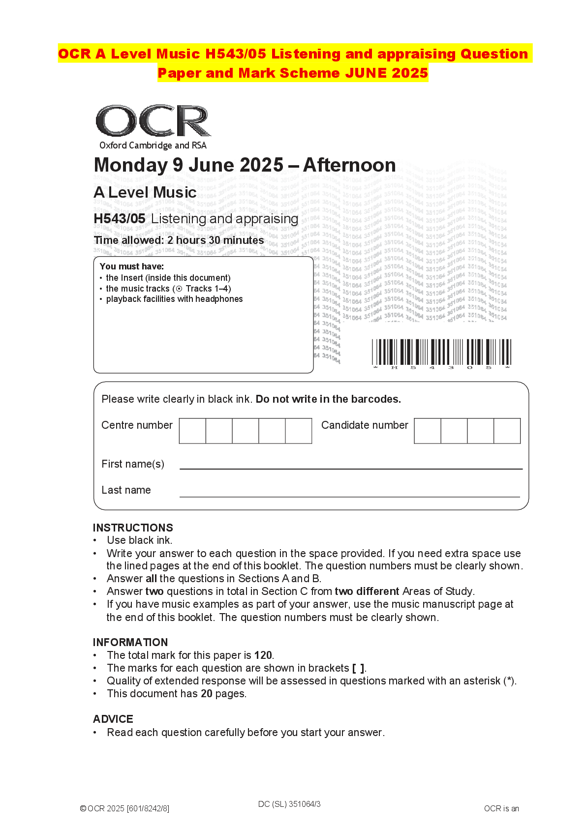 Recommended document preview for OCR A Level Music H543/05 Listening and appraising Question Paper and Mark Scheme JUNE 2025