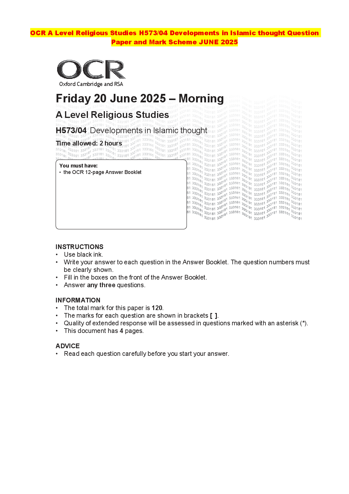 Recommended document preview for OCR A Level Religious Studies H573/04 Developments in Islamic thought Question Paper and Mark Scheme JUNE 2025