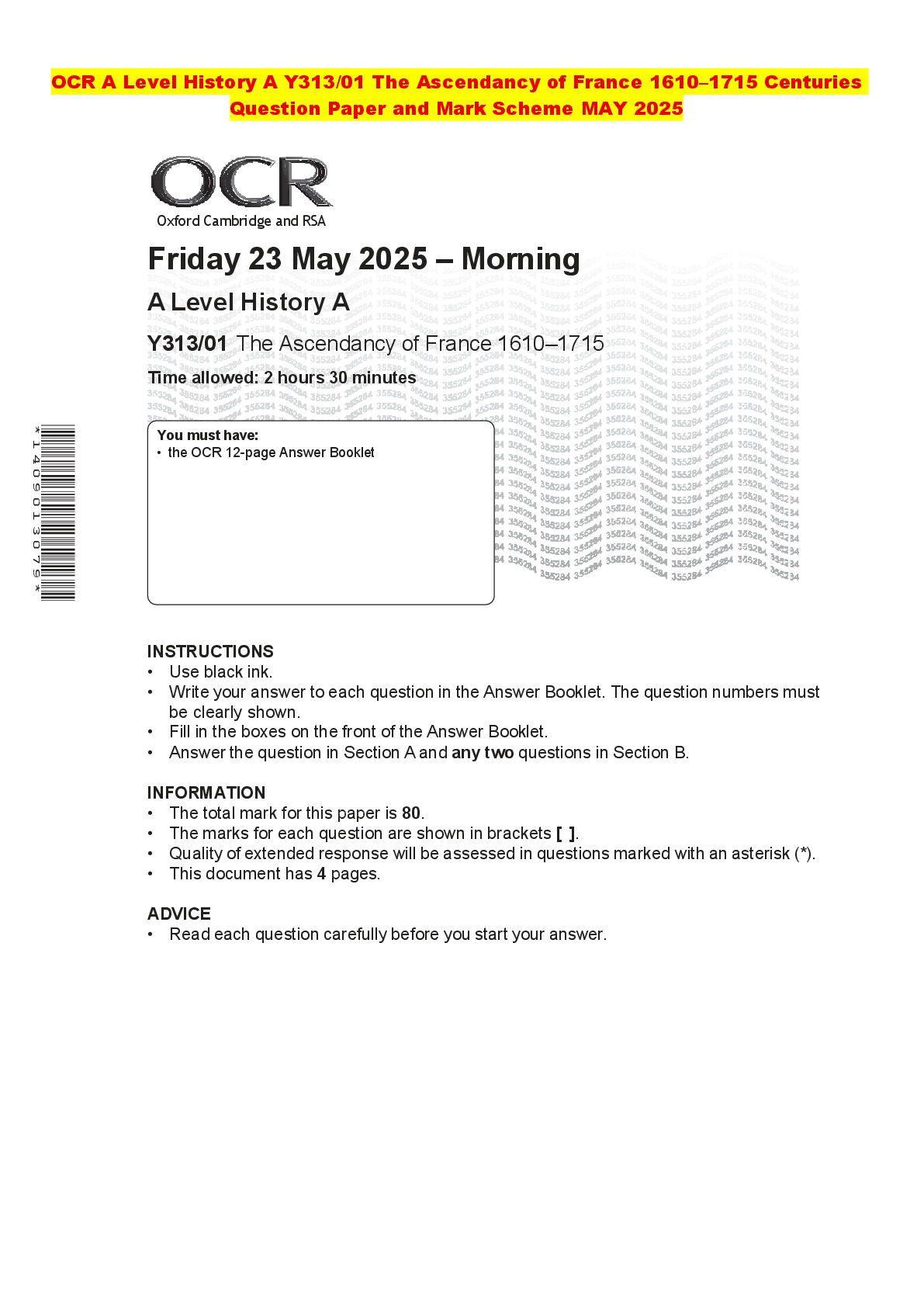Recommended document preview for OCR A Level History A Y313/01 The Ascendancy of France 1610–1715 Centuries Question Paper and Mark Scheme MAY 2025