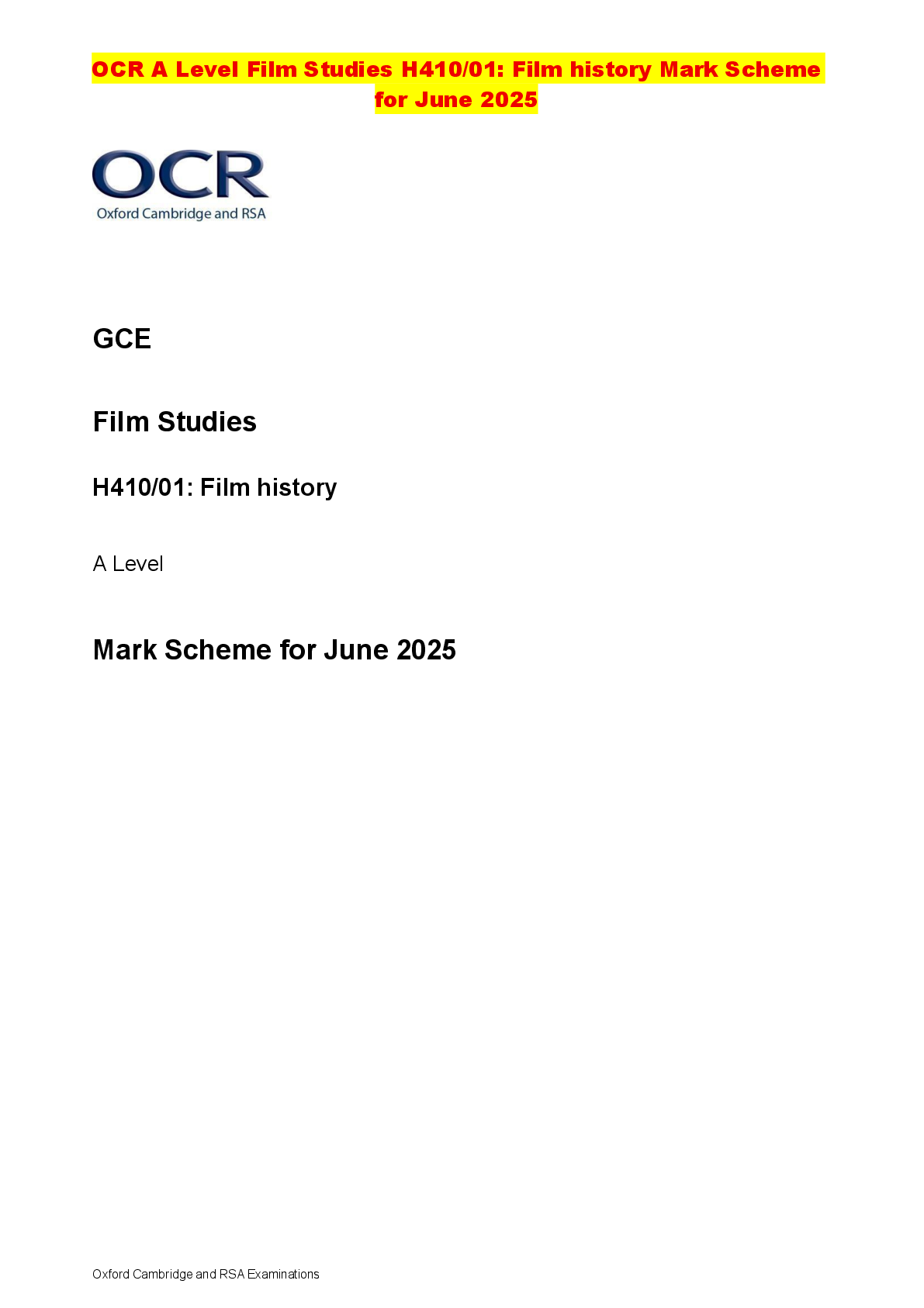 Recommended document preview for OCR A Level Film Studies H410/01: Film history Mark Scheme for June 2025