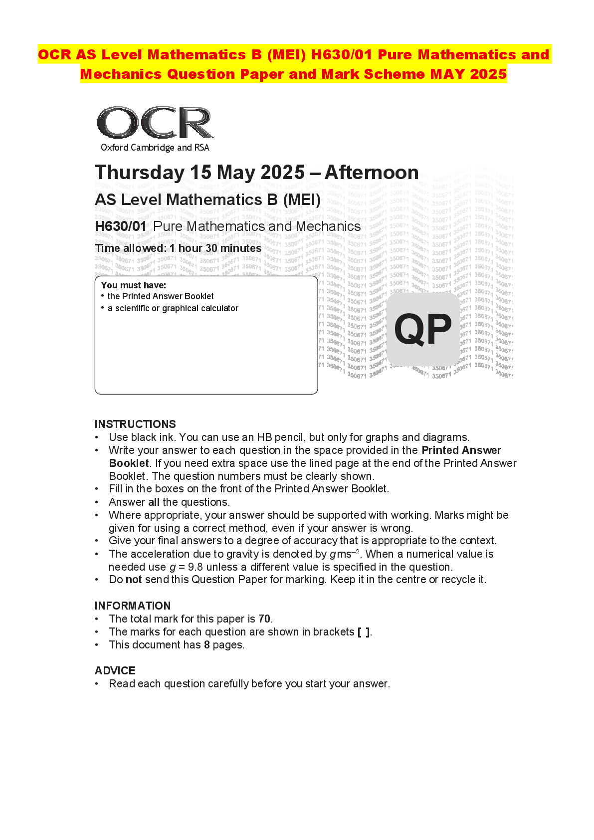 Recommended document preview for OCR AS Level Mathematics B (MEI) H630/01 Pure Mathematics and Mechanics Question Paper and Mark Scheme MAY 2025