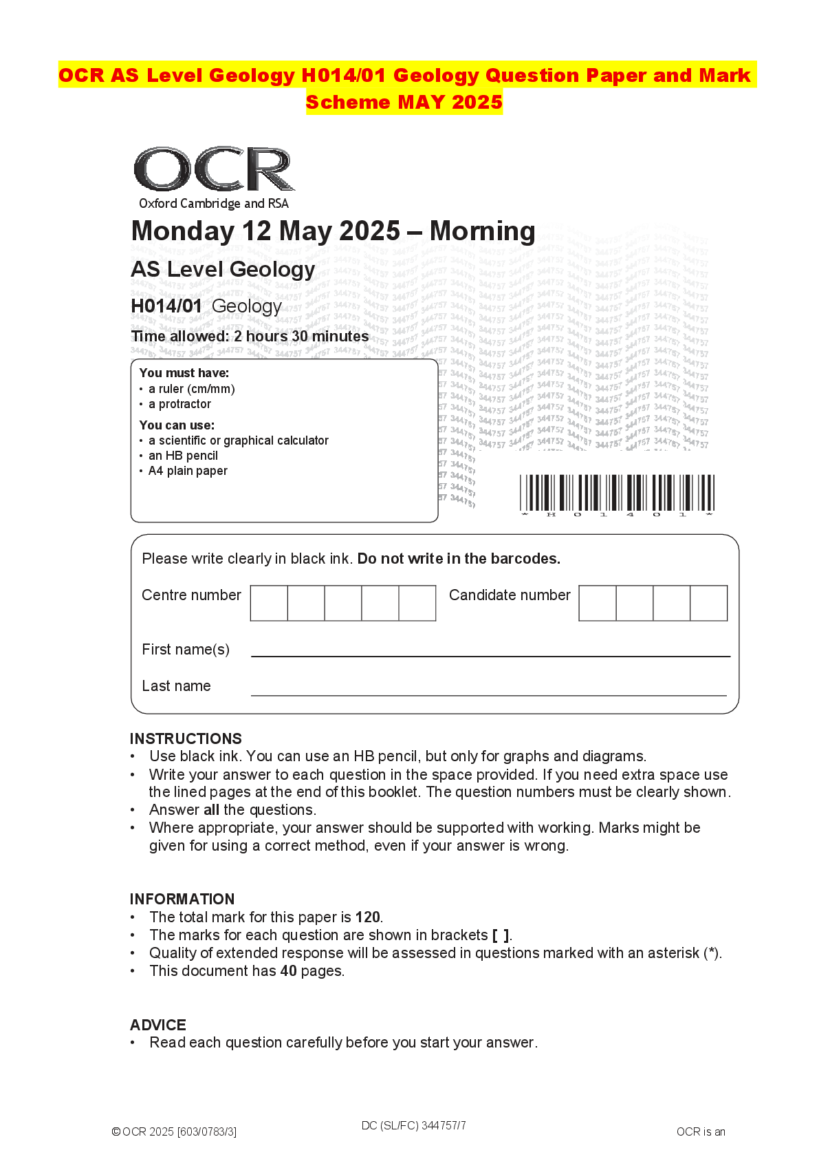 Recommended document preview for OCR AS Level Geology H014/01 Geology Question Paper and Mark Scheme MAY 2025