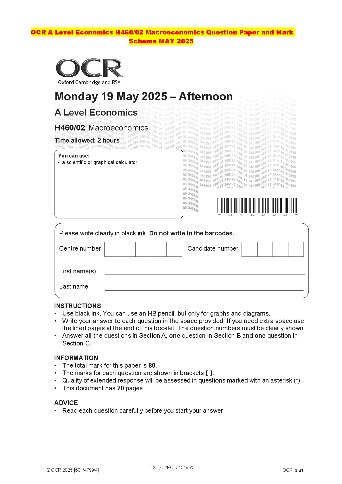 Recommended document preview for OCR A Level Economics H460/02 Macroeconomics Question Paper and Mark Scheme MAY 2025