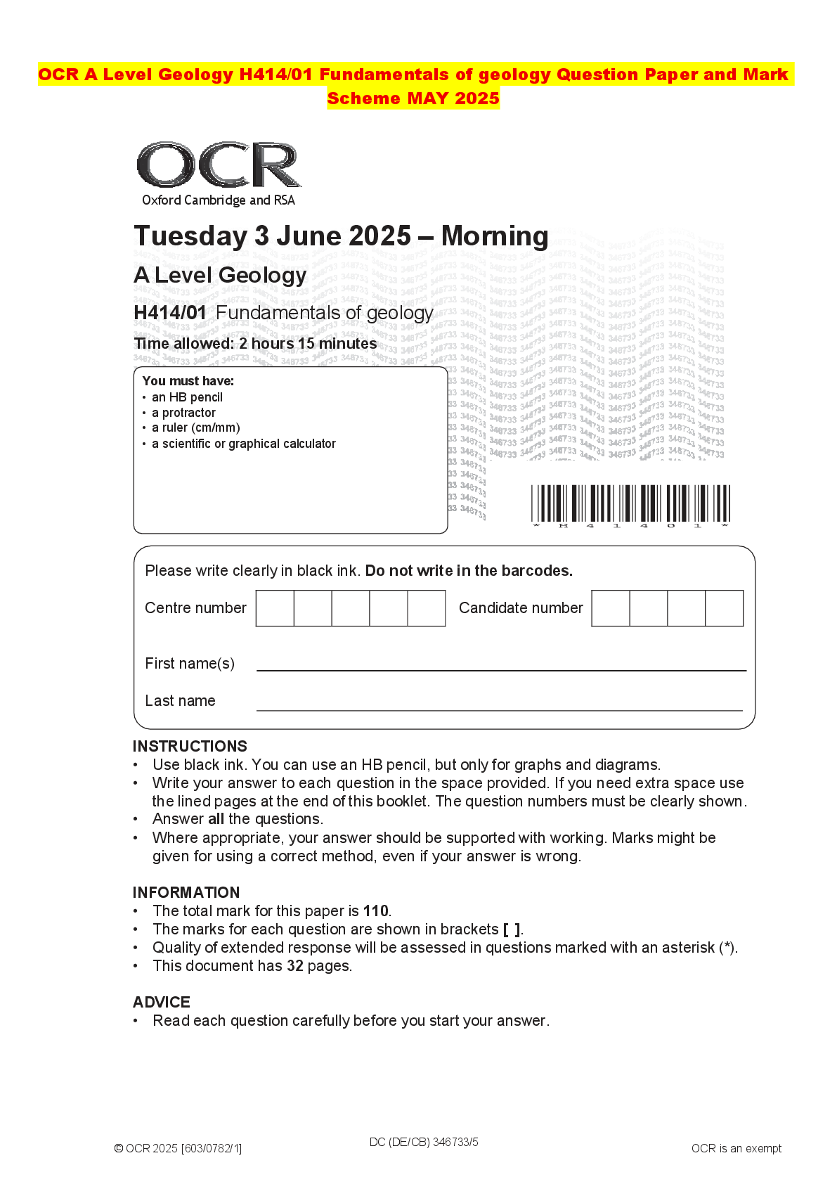 Recommended document preview for OCR A Level Geology H414/01 Fundamentals of geology Question Paper and Mark Scheme MAY 2025
