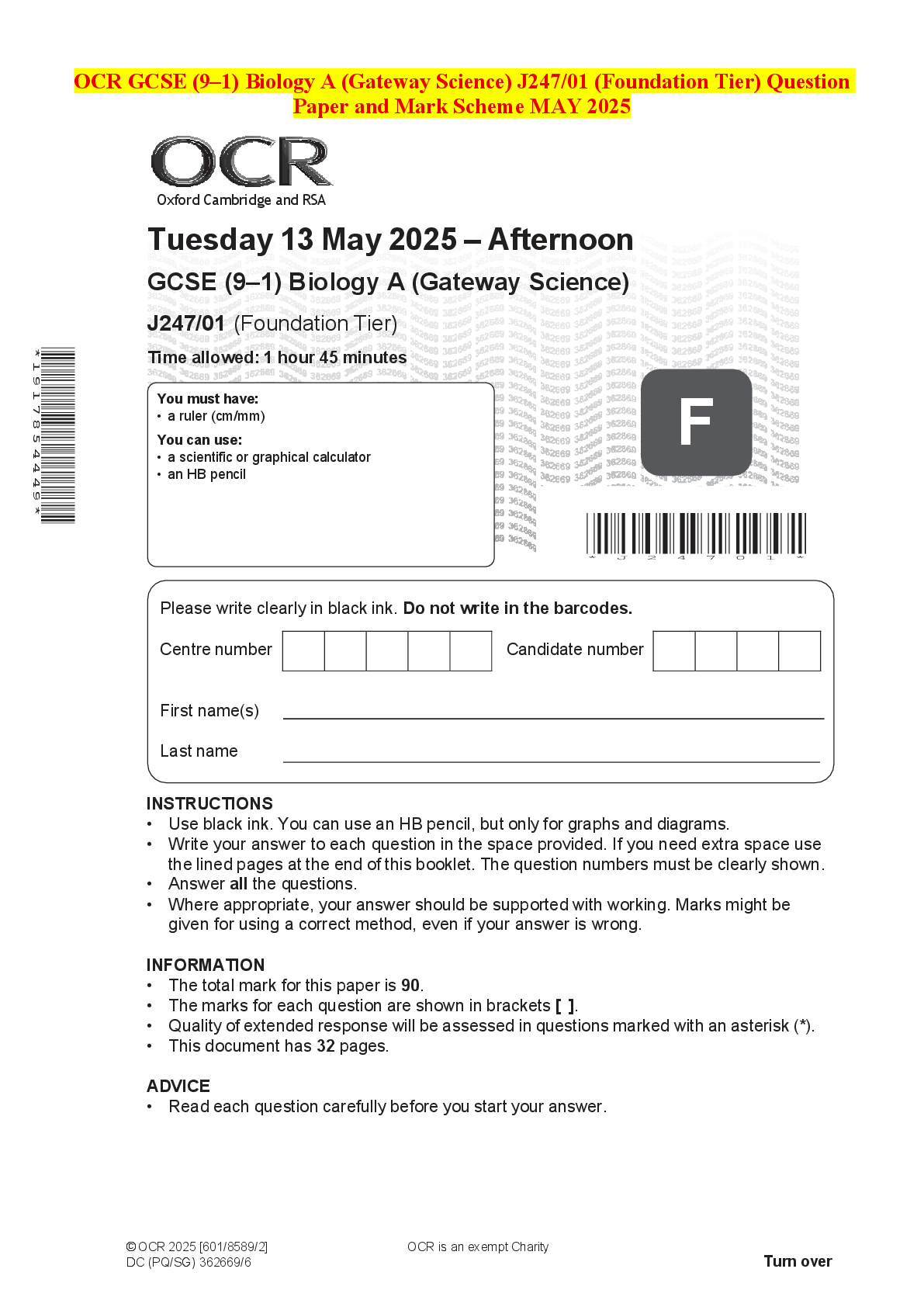 Recommended document preview for OCR GCSE (9–1) Biology A (Gateway Science) J247/01 (Foundation Tier) Question Paper and Mark Scheme MAY 2025