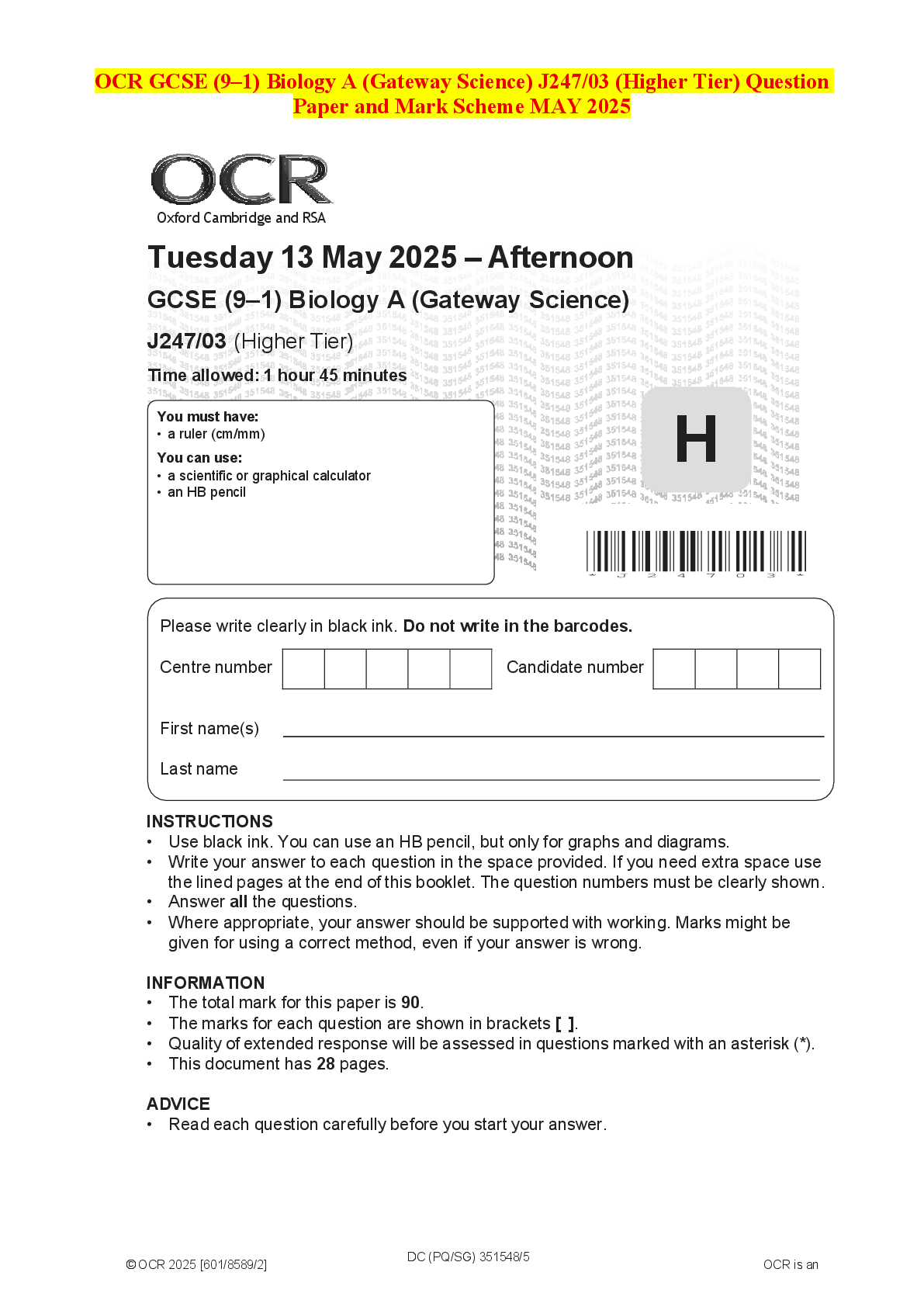 Recommended document preview for OCR GCSE (9–1) Biology A (Gateway Science) J247/03 (Higher Tier) Question Paper and Mark Scheme MAY 2025