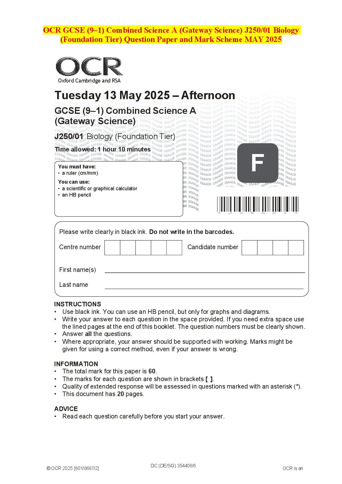 Recommended document preview for OCR GCSE (9–1) Combined Science A (Gateway Science) J250/01 Biology (Foundation Tier) Question Paper and Mark Scheme MAY 2025