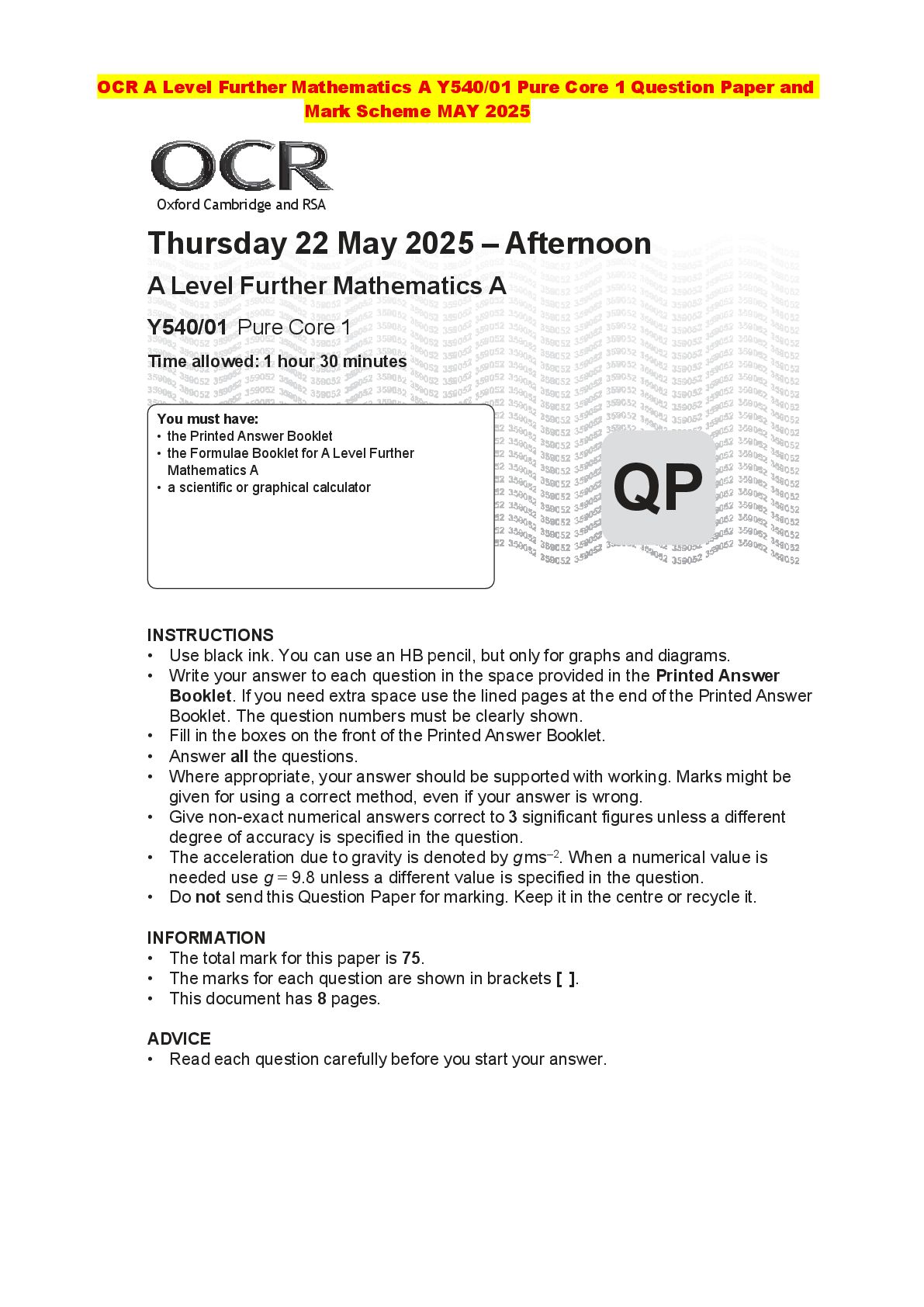 Recommended document preview for OCR A Level Further Mathematics A Y540/01 Pure Core 1 Question Paper and Mark Scheme MAY 2025