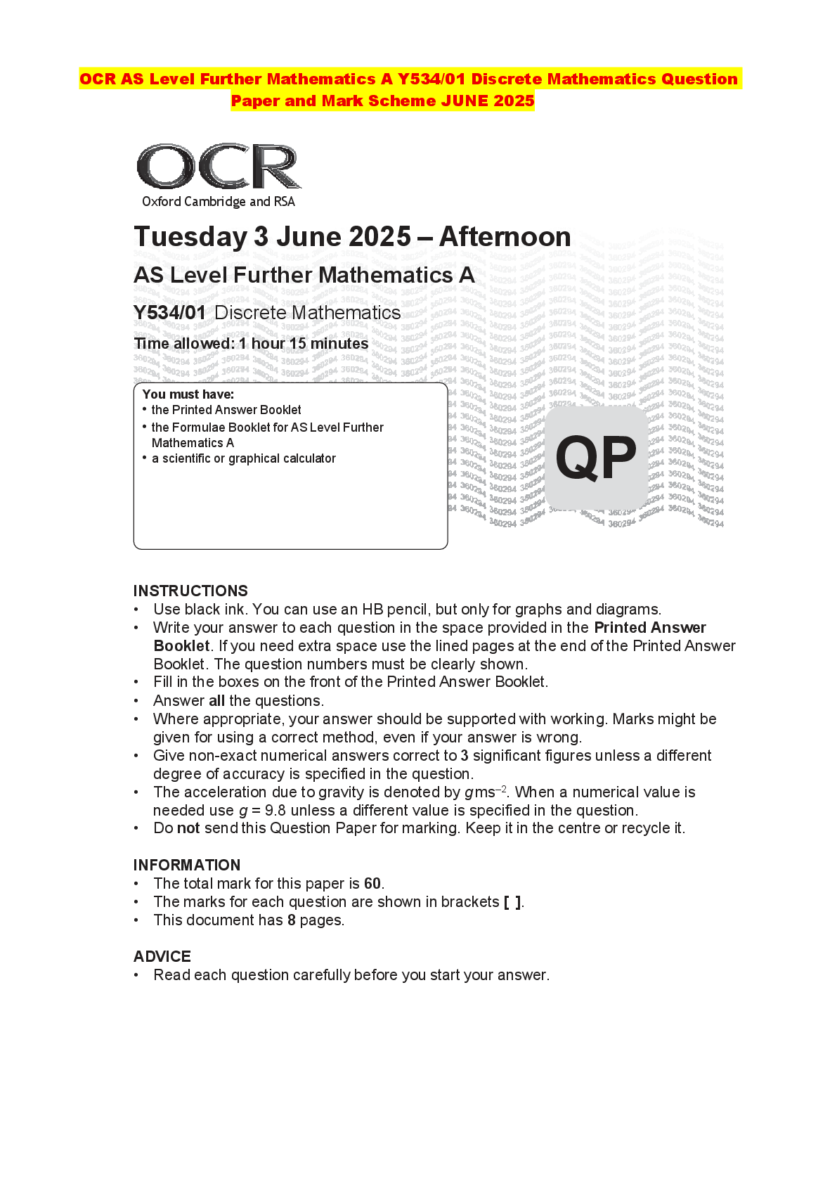 Recommended document preview for OCR AS Level Further Mathematics A Y534/01 Discrete Mathematics Question Paper and Mark Scheme JUNE 2025