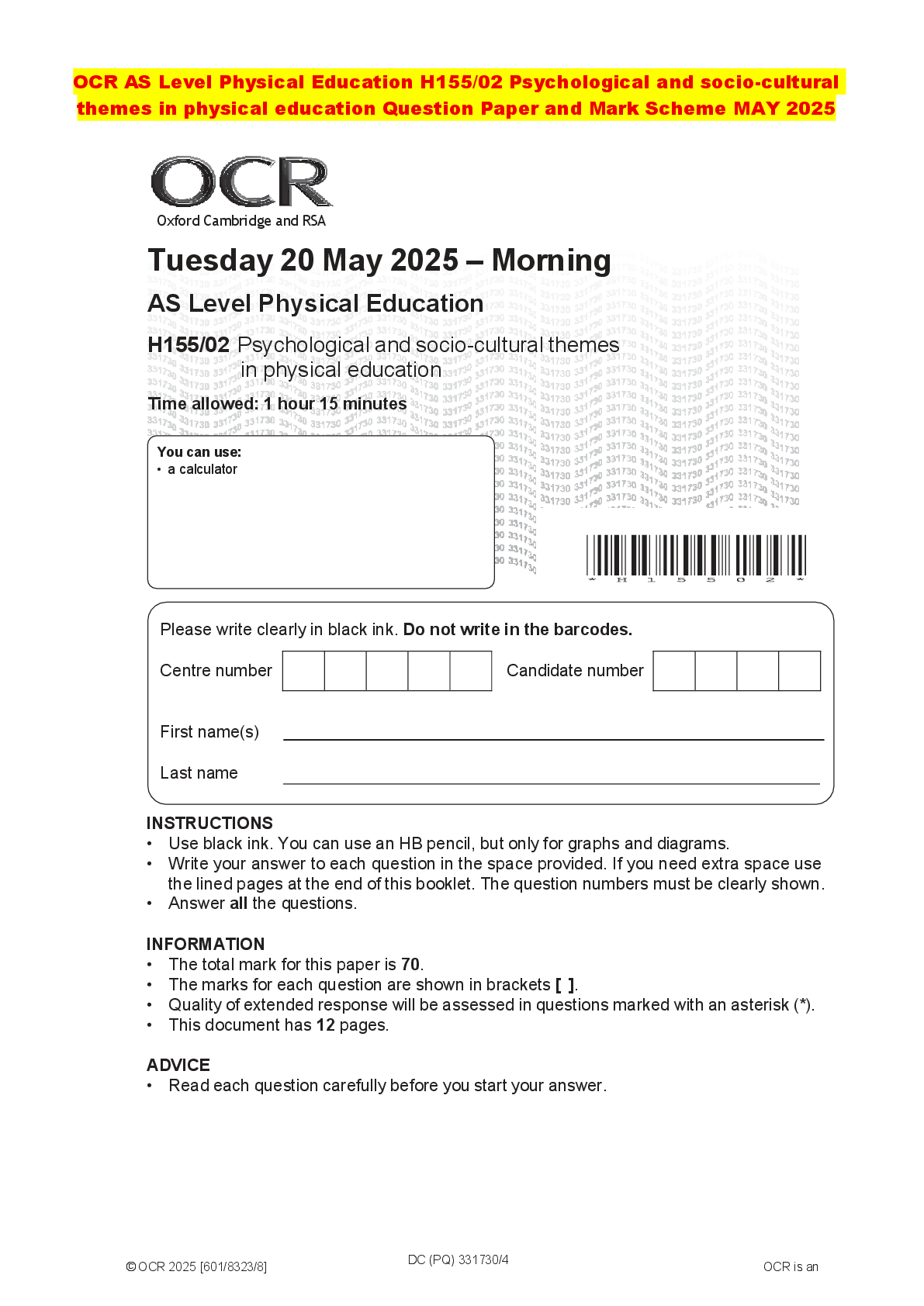 Recommended document preview for OCR AS Level Physical Education H155/02 Psychological and socio-cultural themes in physical education Question Paper and Mark Scheme MAY 2025