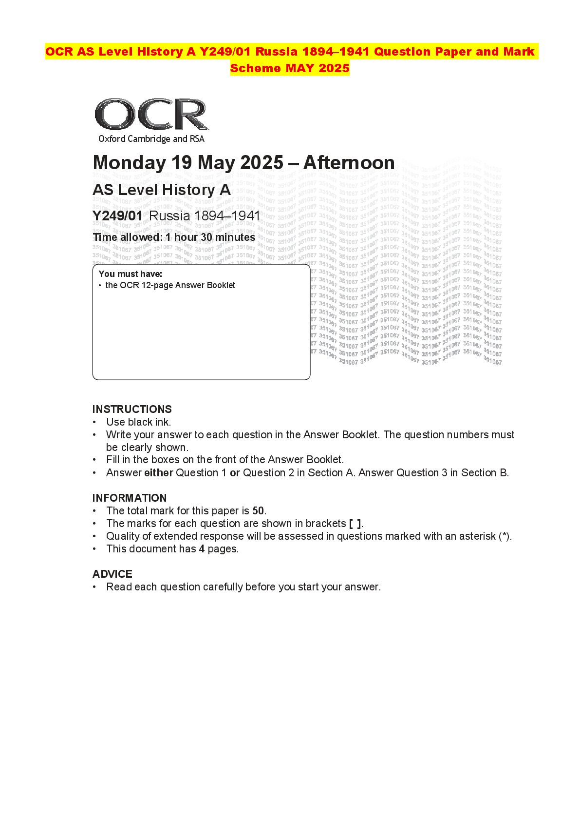 Recommended document preview for OCR AS Level History A Y249/01 Russia 1894–1941 Question Paper and Mark Scheme MAY 2025