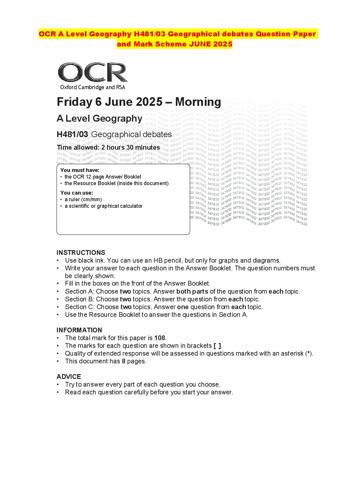 Recommended document preview for OCR A Level Geography H481/03 Geographical debates Question Paper and Mark Scheme JUNE 2025