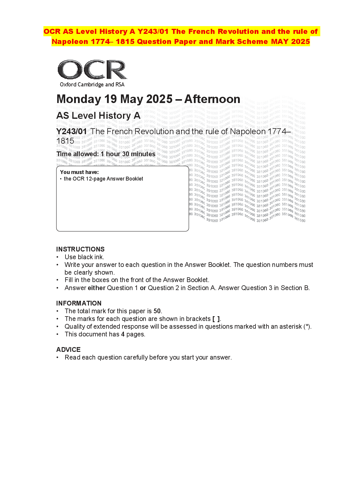 Recommended document preview for OCR AS Level History A Y243/01 The French Revolution and the rule of Napoleon 1774– 1815 Question Paper and Mark Scheme MAY 2025