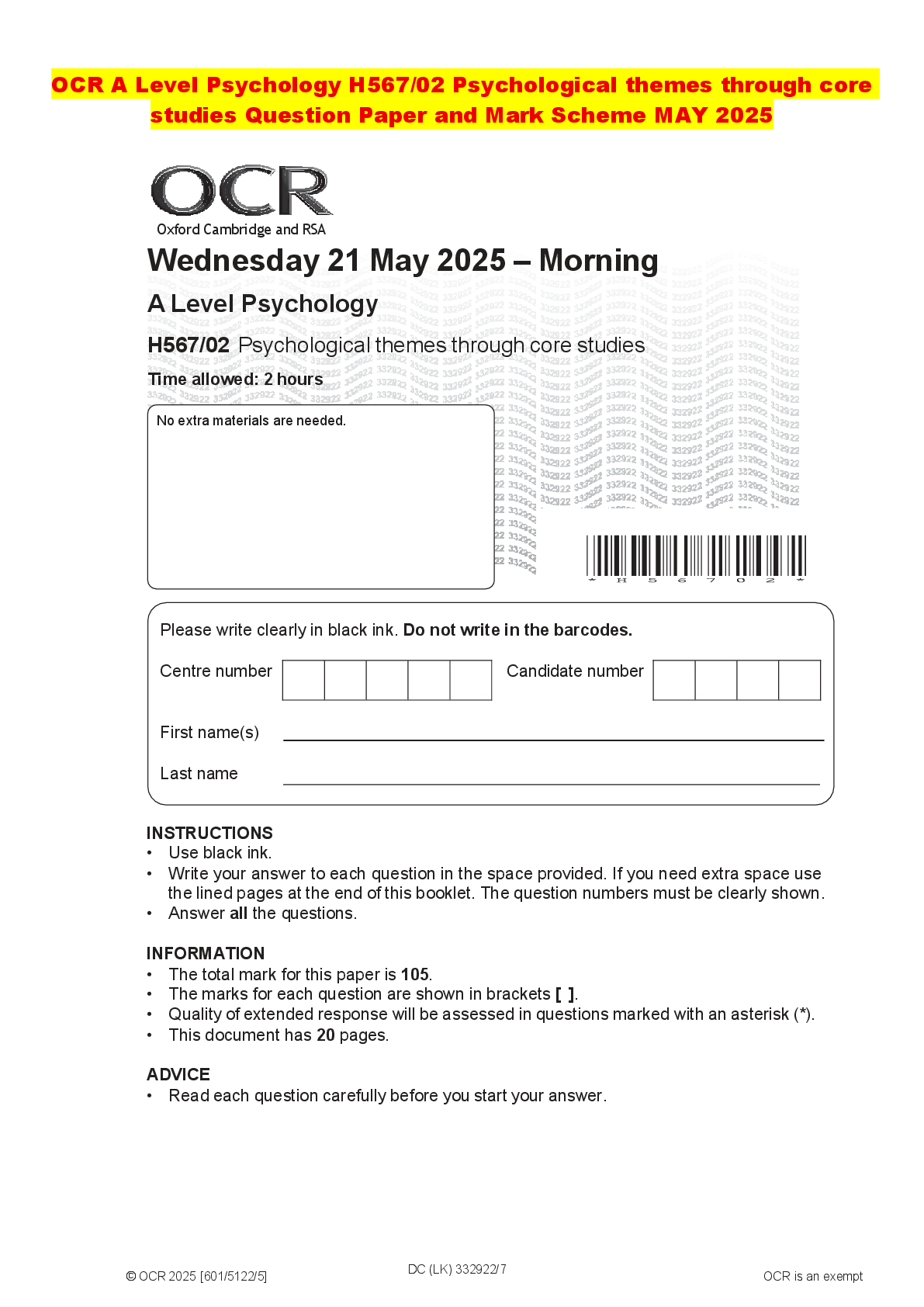 Recommended document preview for OCR A Level Psychology H567/02 Psychological themes through core studies Question Paper and Mark Scheme MAY 2025