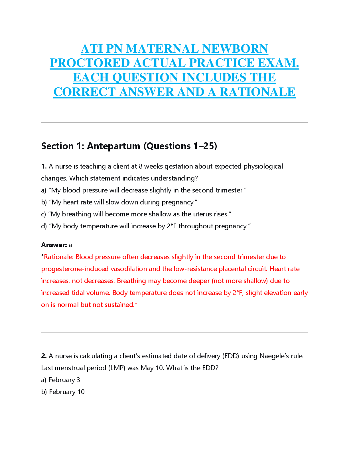 Preview of ATI PN MATERNAL NEWBORN  PROCTORED ACTUAL PRACTICE EXAM.  EACH QUESTION INCLUDES THE  CORRECT ANSWER AND A RATIONALE