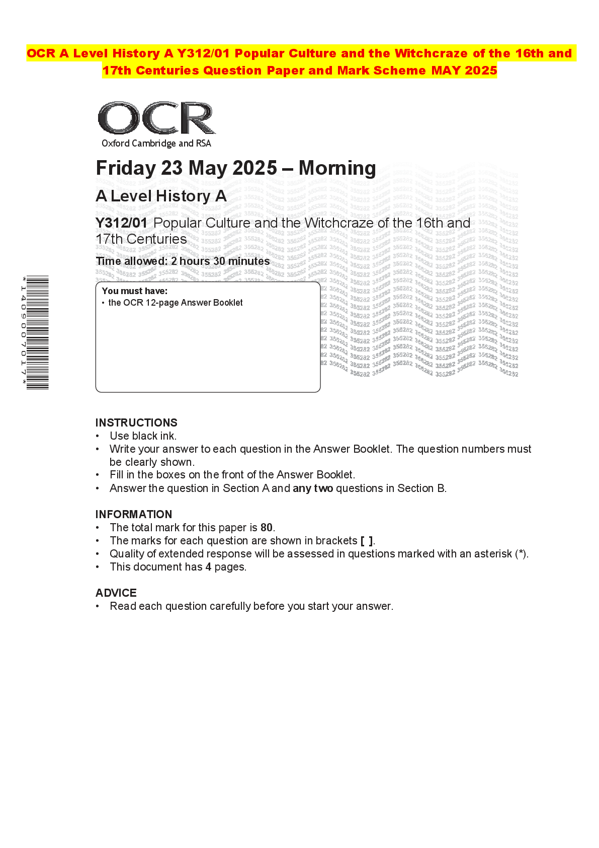 Recommended document preview for OCR A Level History A Y312/01 Popular Culture and the Witchcraze of the 16th and 17th Centuries Question Paper and Mark Scheme MAY 2025