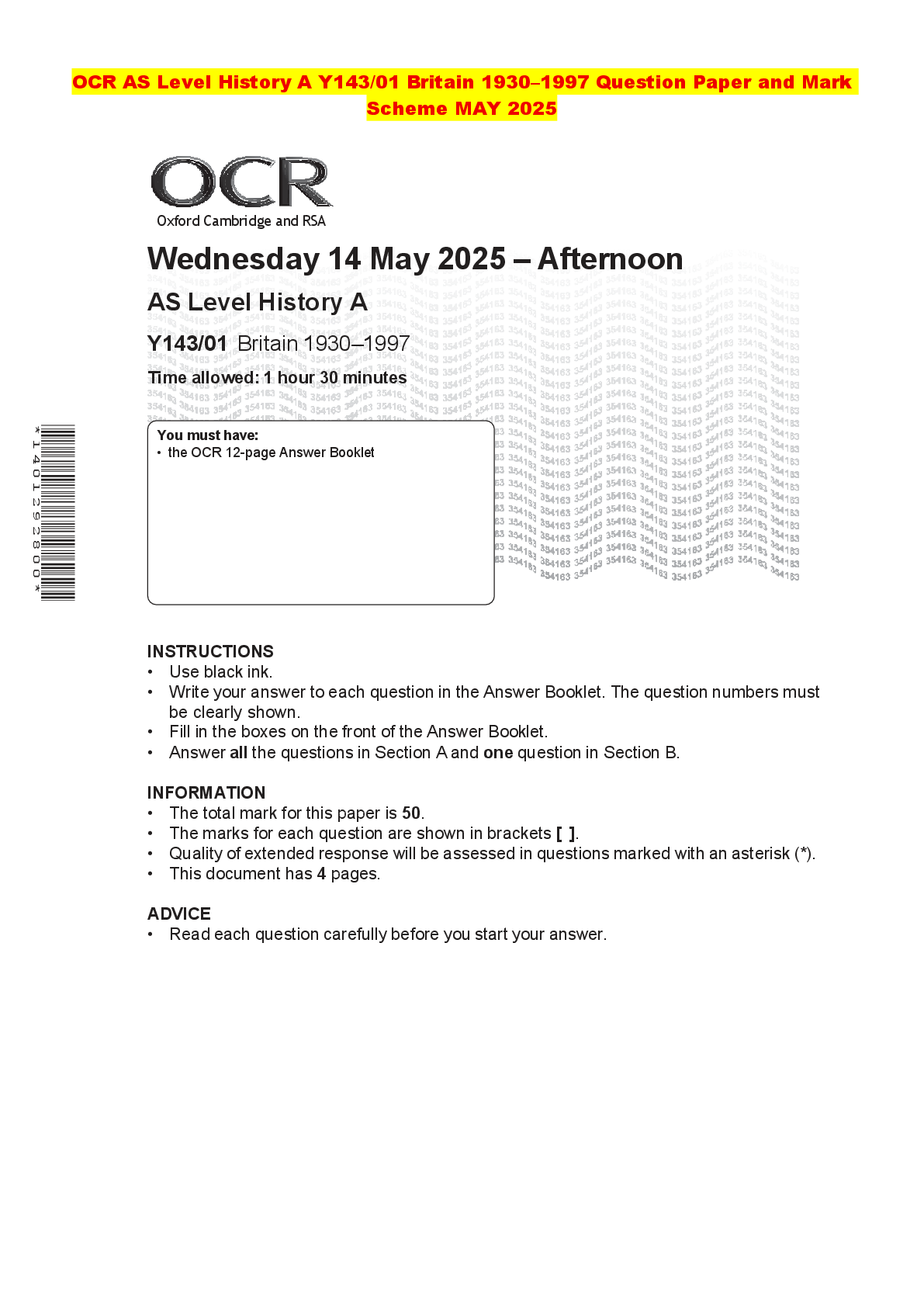 Recommended document preview for OCR AS Level History A Y143/01 Britain 1930–1997 Question Paper and Mark Scheme MAY 2025