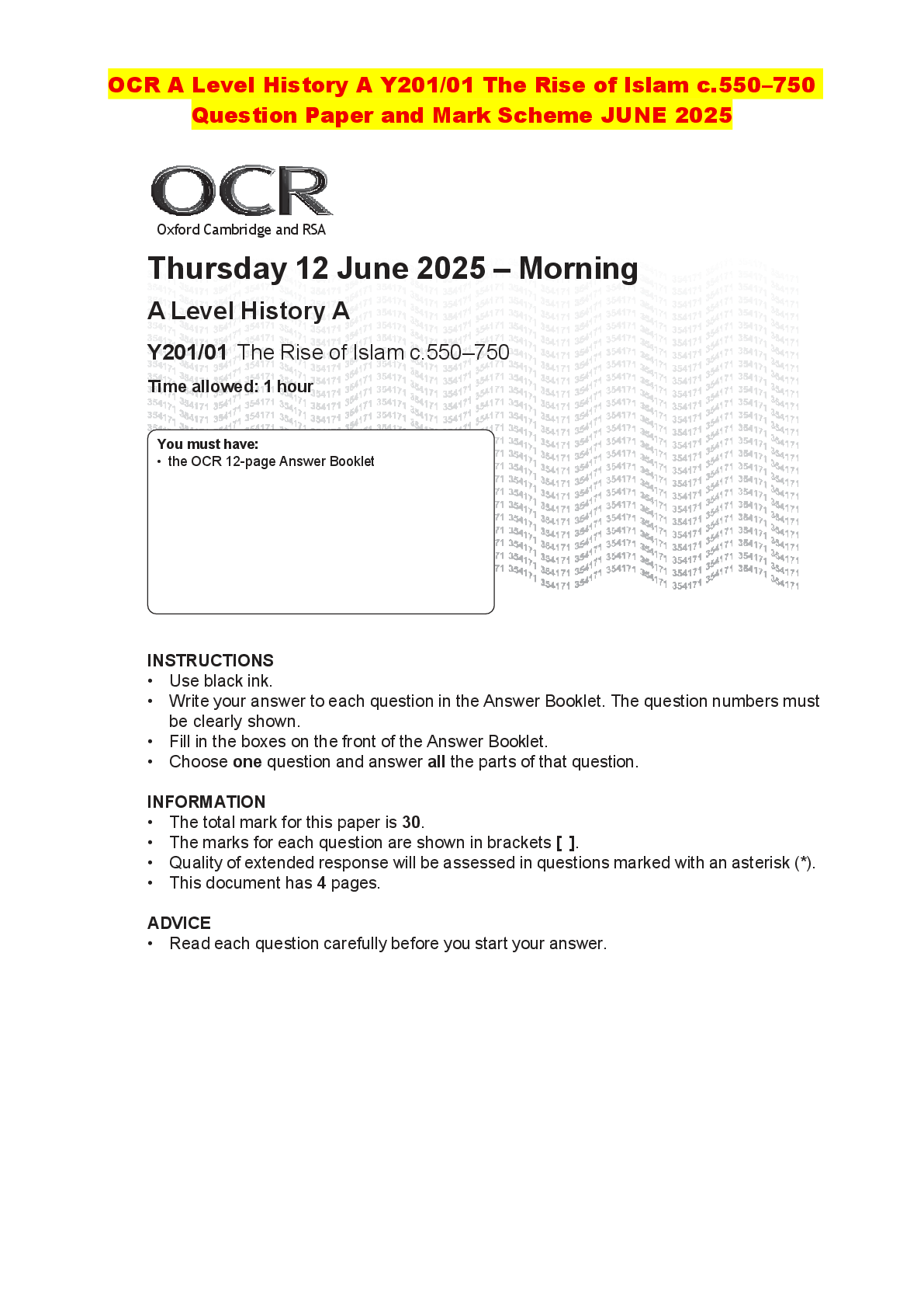 Recommended document preview for OCR A Level History A Y201/01 The Rise of Islam c.550–750 Question Paper and Mark Scheme JUNE 2025
