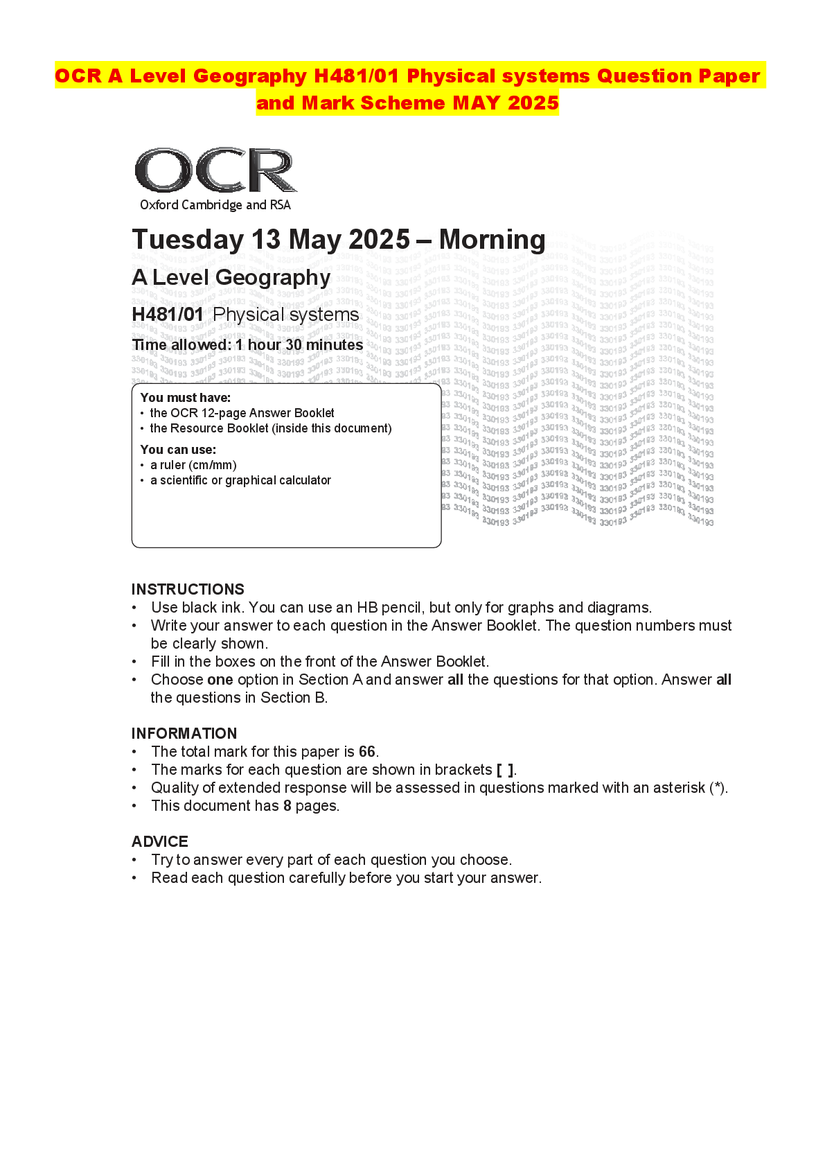 Recommended document preview for OCR A Level Geography H481/01 Physical systems Question Paper and Mark Scheme MAY 2025