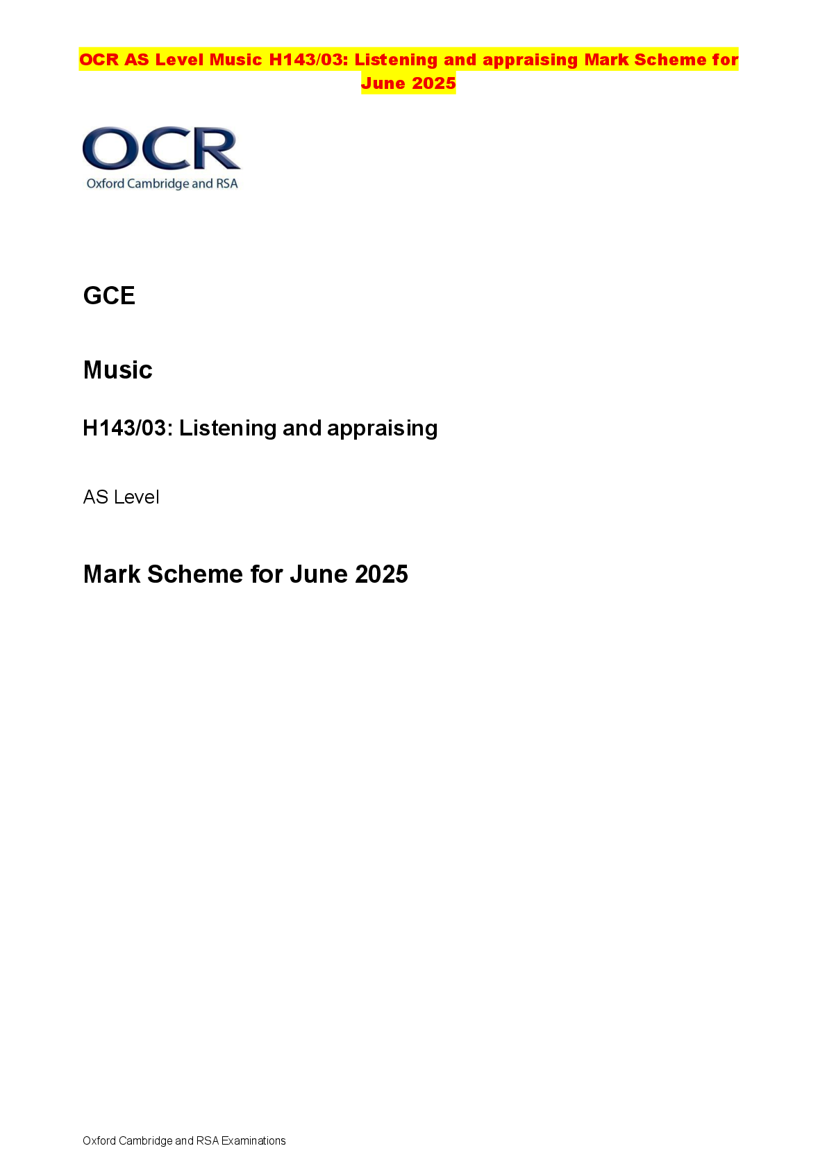 Recommended document preview for OCR AS Level Music H143/03: Listening and appraising Mark Scheme for June 2025