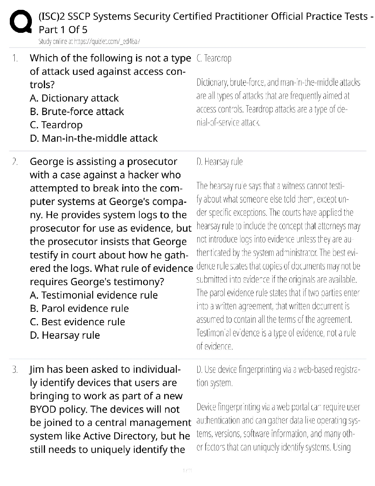 Recommended document preview for ISC2 SSCP Certification / Score 100% / New Version 2025 Update / Systems Security Certified Practitioner Practice Tests Part 1 of 5 Study Guide