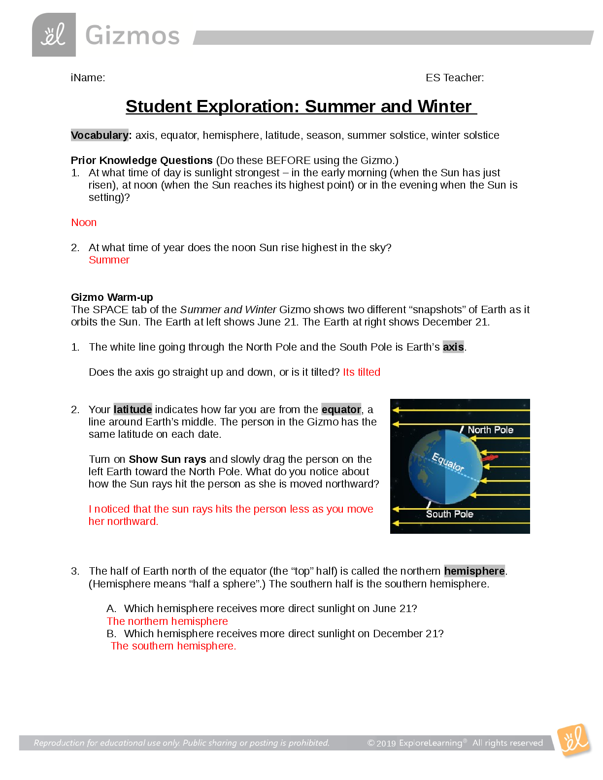 GIZMOS Student Exploration: Summer and Winter