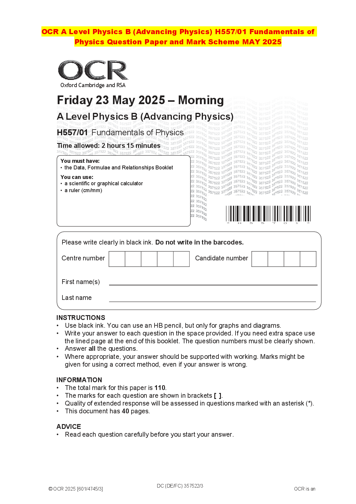 Recommended document preview for OCR A Level Physics B (Advancing Physics) H557/01 Fundamentals of Physics Question Paper and Mark Scheme MAY 2025