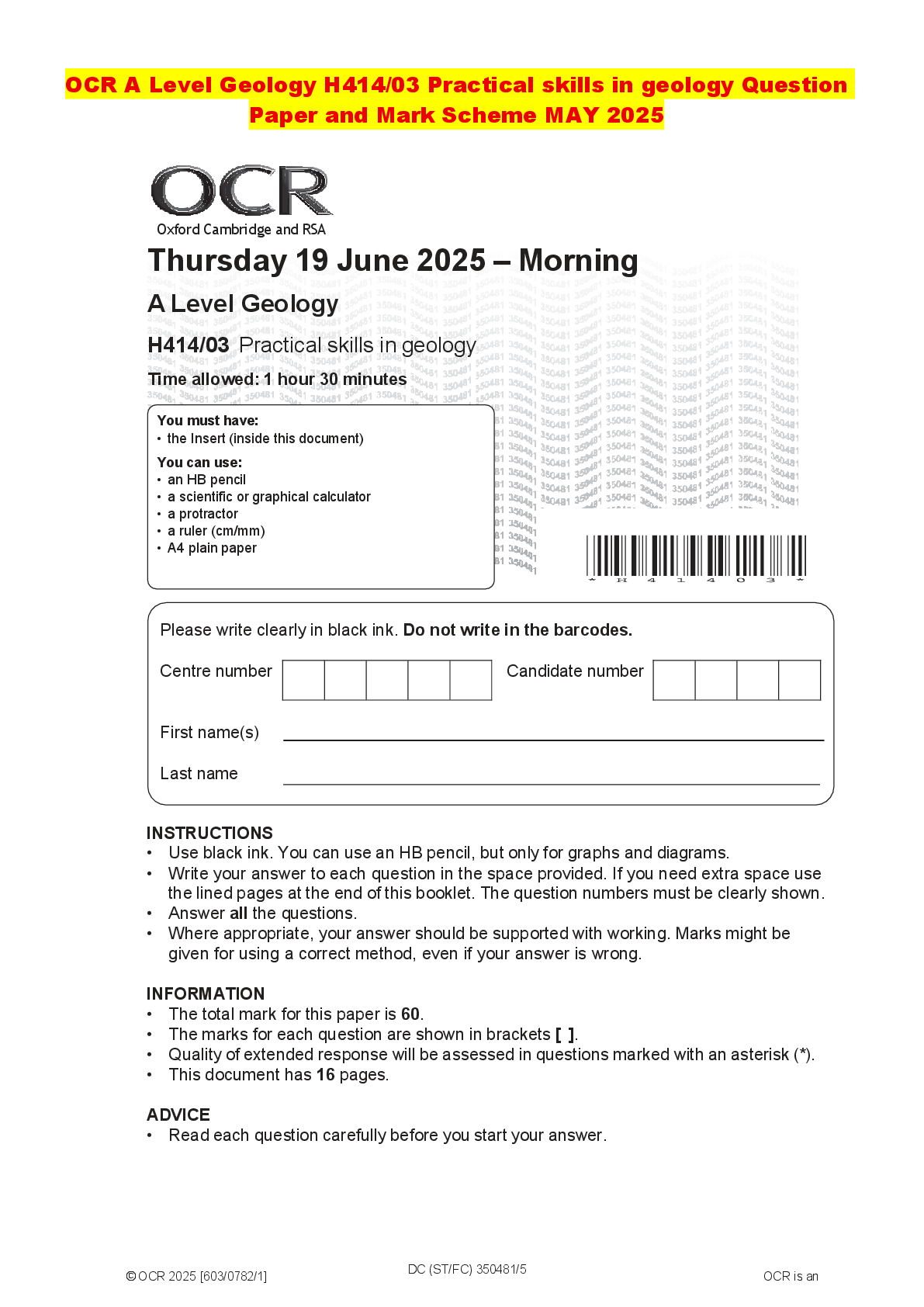 Recommended document preview for OCR A Level Geology H414/03 Practical skills in geology Question Paper and Mark Scheme MAY 2025