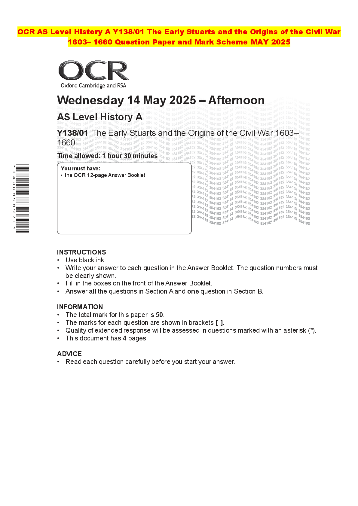 Recommended document preview for OCR AS Level History A Y138/01 The Early Stuarts and the Origins of the Civil War 1603– 1660 Question Paper and Mark Scheme MAY 2025