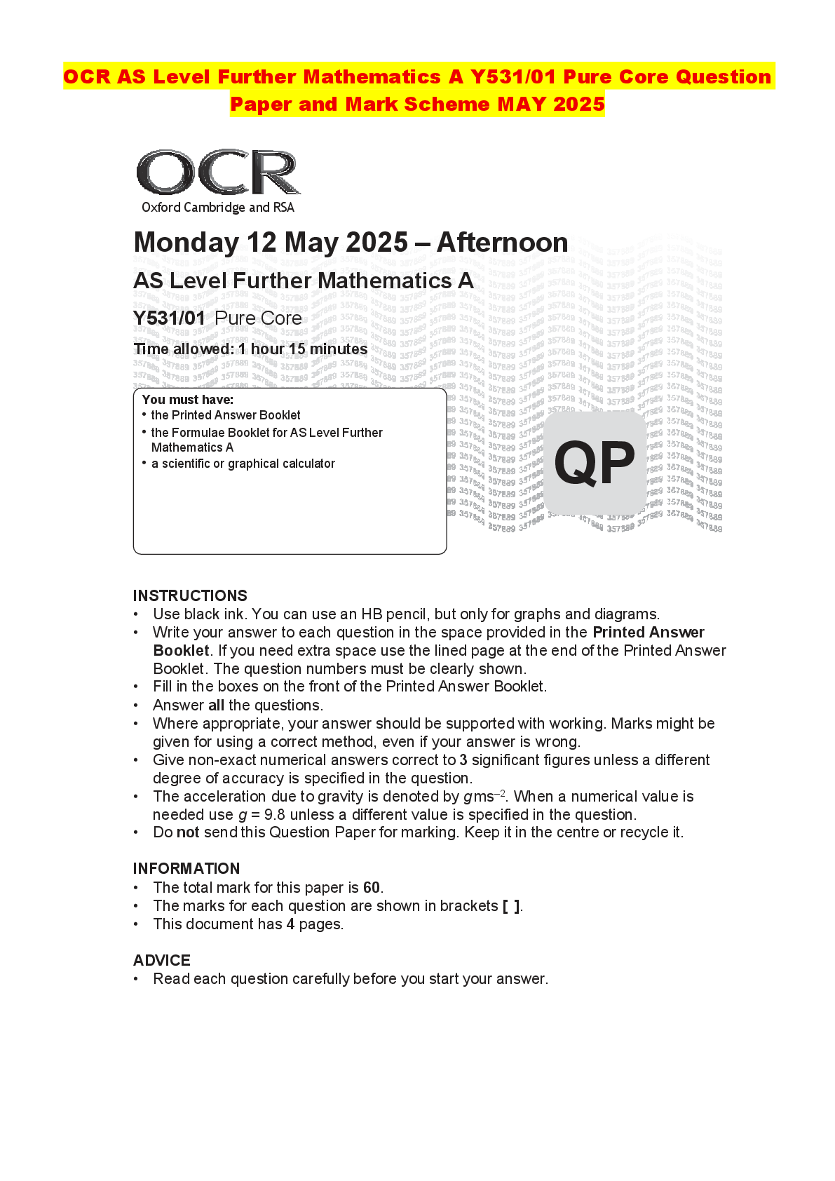 Recommended document preview for OCR AS Level Further Mathematics A Y531/01 Pure Core Question Paper and Mark Scheme MAY 2025