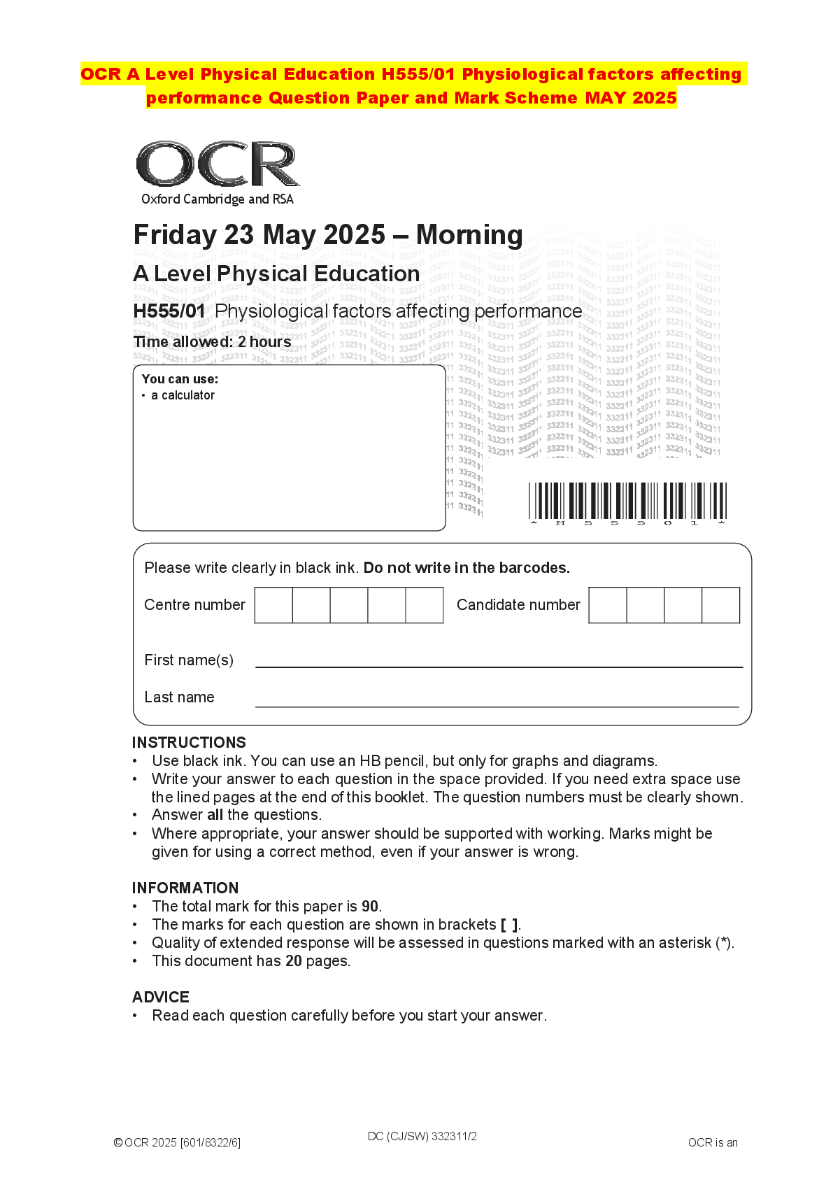 Recommended document preview for OCR A Level Physical Education H555/01 Physiological factors affecting performance Question Paper and Mark Scheme MAY 2025