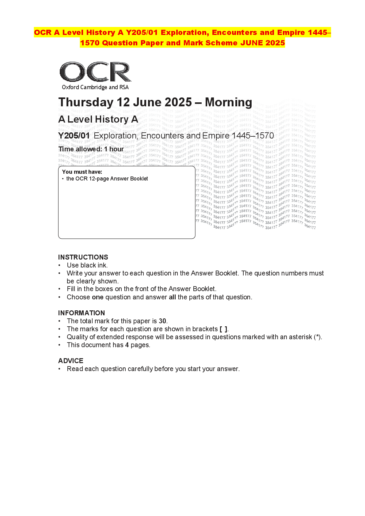 Recommended document preview for OCR A Level History A Y205/01 Exploration, Encounters and Empire 1445–1570 Question Paper and Mark Scheme JUNE 2025