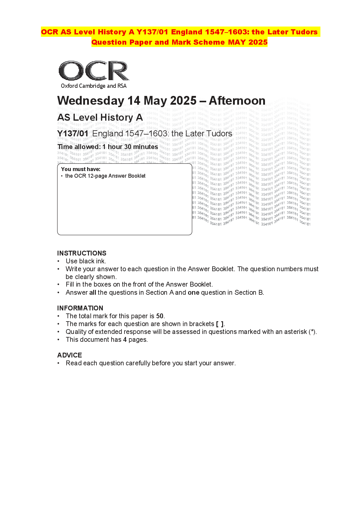 Recommended document preview for OCR AS Level History A Y137/01 England 1547–1603: the Later Tudors Question Paper and Mark Scheme MAY 2025