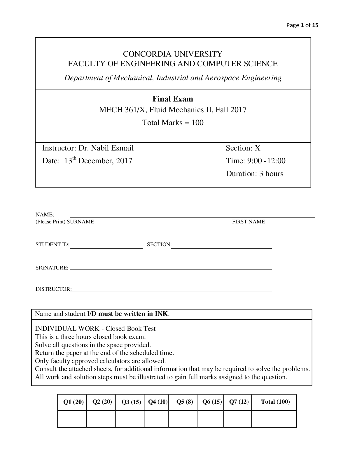 Recommended document preview for MECH 361/X, Fluid Mechanics II Final Exam SOLUTIONS