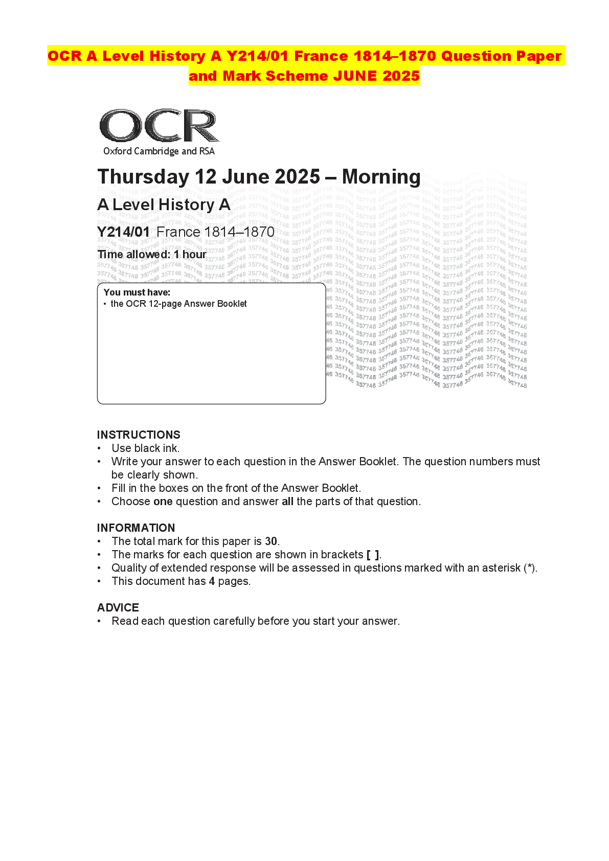 Recommended document preview for OCR A Level History A Y214/01 France 1814–1870 Question Paper and Mark Scheme JUNE 2025