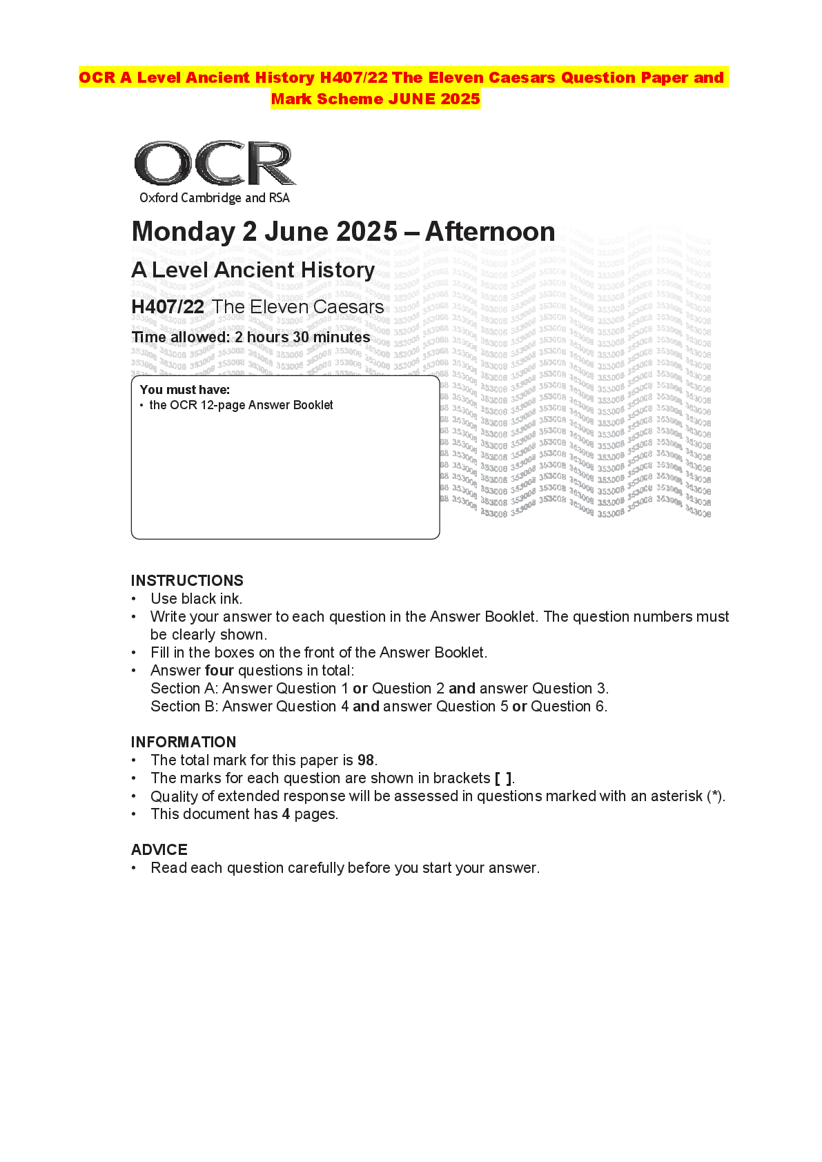 Recommended document preview for OCR A Level Ancient History H407/22 The Eleven Caesars Question Paper and Mark Scheme JUNE 2025
