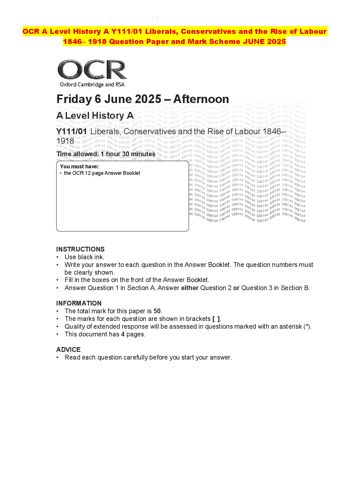 Recommended document preview for OCR A Level History A Y111/01 Liberals, Conservatives and the Rise of Labour 1846– 1918 Question Paper and Mark Scheme JUNE 2025
